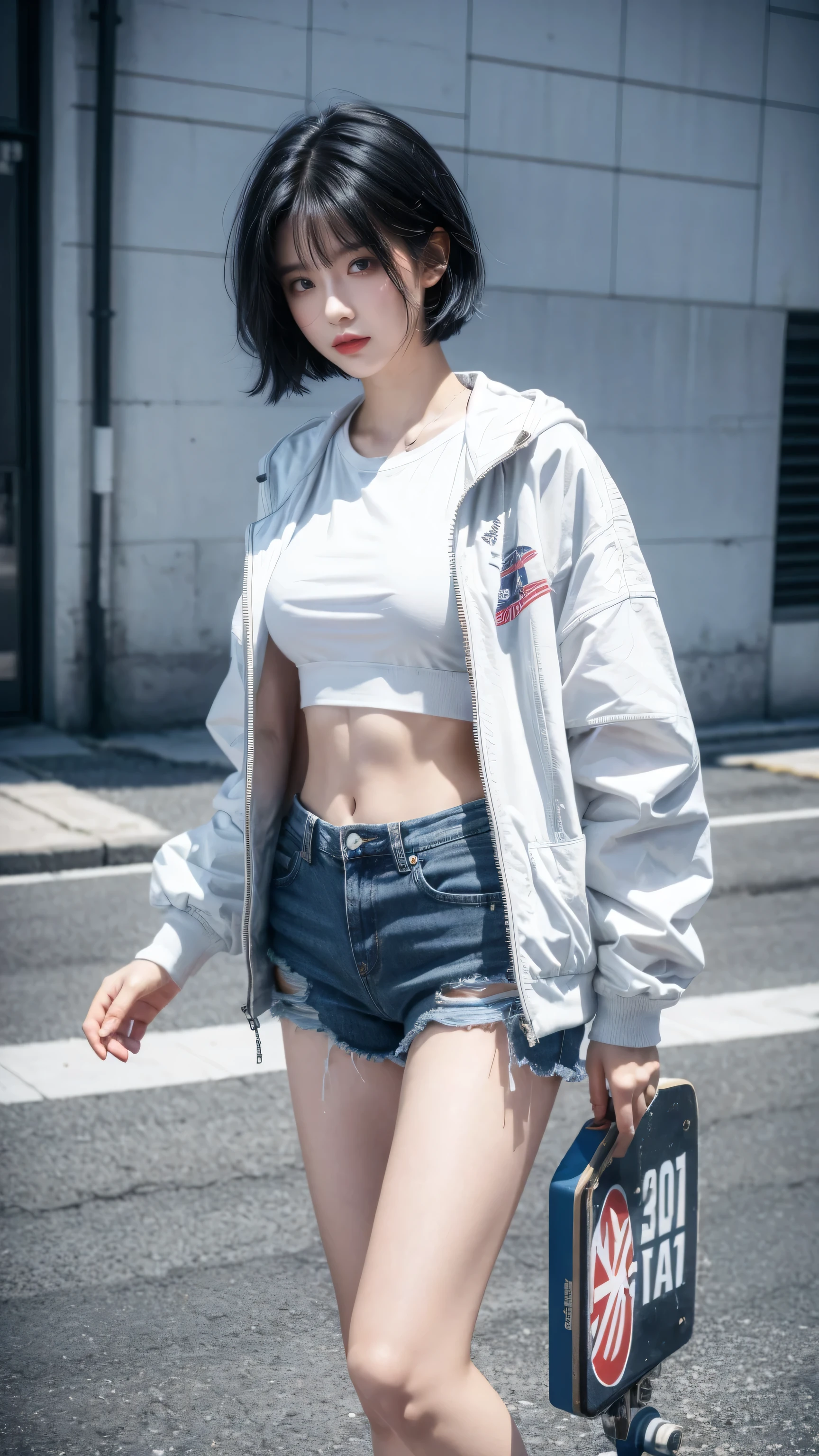 best quality, 1 Girl, dark blue hair, black eyes, Very short hair, Spiky hair, t-shirt, white jacket , High waist short jeans, 171 cm, Messy hair, Hair between the eyes, Medium breasts, full, Tomboy, aldult, 20 years old, 1 Girl standing patin skateboard