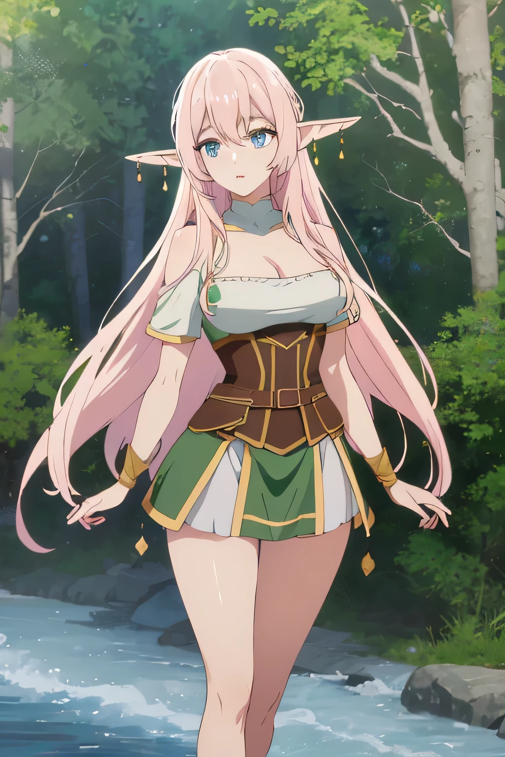 yarandrala, long hair, bangs, blue eyes, hair between eyes, very long hair, pink hair, pointy ears, elf,gloves, cleavage, jewelry, earrings, corset, dress, green dress, pelvic curtain, ,in the forest,day,sun light,
break masterpiece ,8k unity wallpaper,anime key visual,highest quality, High resolution, unity 8k wallpaper, (shape:0.8),anime coloring,highly detailed face, detailed eyes,growing eyes,shiny skin,fine skin,white skin,dense skin,detailed hair,highly detailed legs,perfect lighting, Detailed CG, (perfect hands, perfect anatomy),High resolution,(Detailed wear ),slender limbs, delicate curves, dainty hands,figure:0.8,
