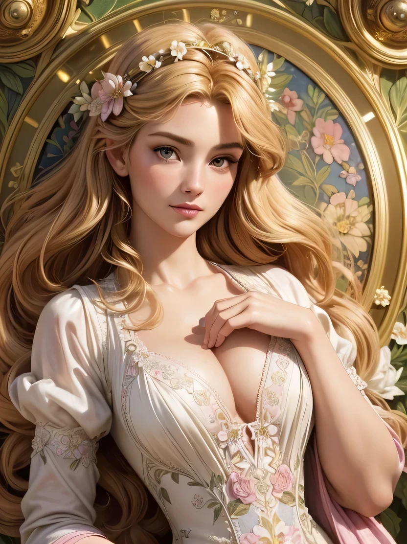 ((masterpiece、highest quality、Very detailed、High resolution、Photorealistic、Sharp focus、Cinema Lighting))、((One Woman、Mid Shot、Focus on the chest up、Face Light))、High contrast、European woman face portrait、In underwear、Long Curly Hair、blonde、Floral frame、Decorative panel、Abstract art、Alphonse Mucha、Color Splash