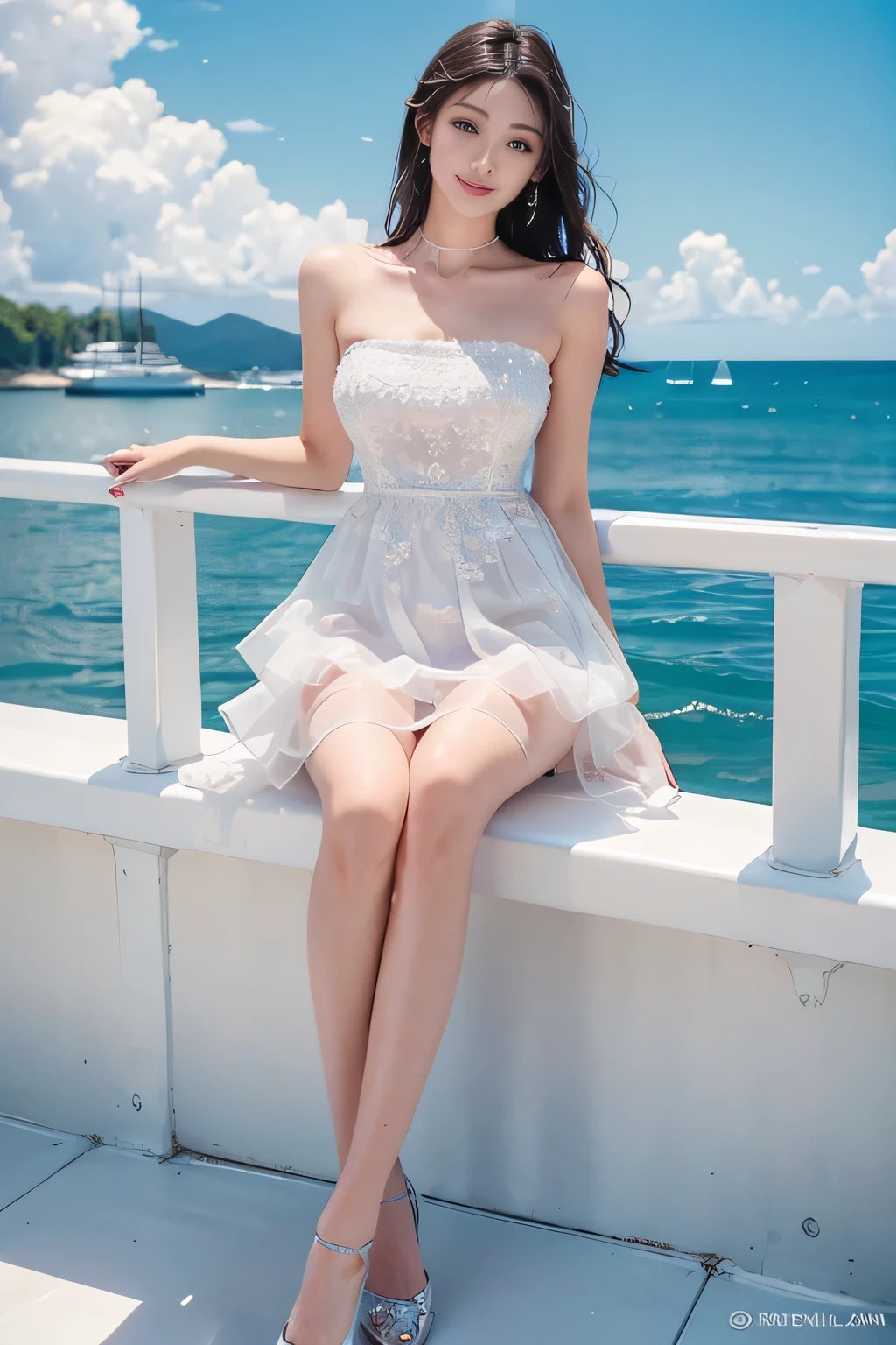 (full body),(best quality,ultra-detailed,photorealistic),beautiful detailed eyes,beautiful detailed lips,youthful female model,sweet girl dress,strapless dress,jewelry,saturated,wet all over,open sea,blue sky and clouds,Surfing on a sailboat, leaning against the railing,captivating smile,long legs,slender figure,stunning face,masterpiece