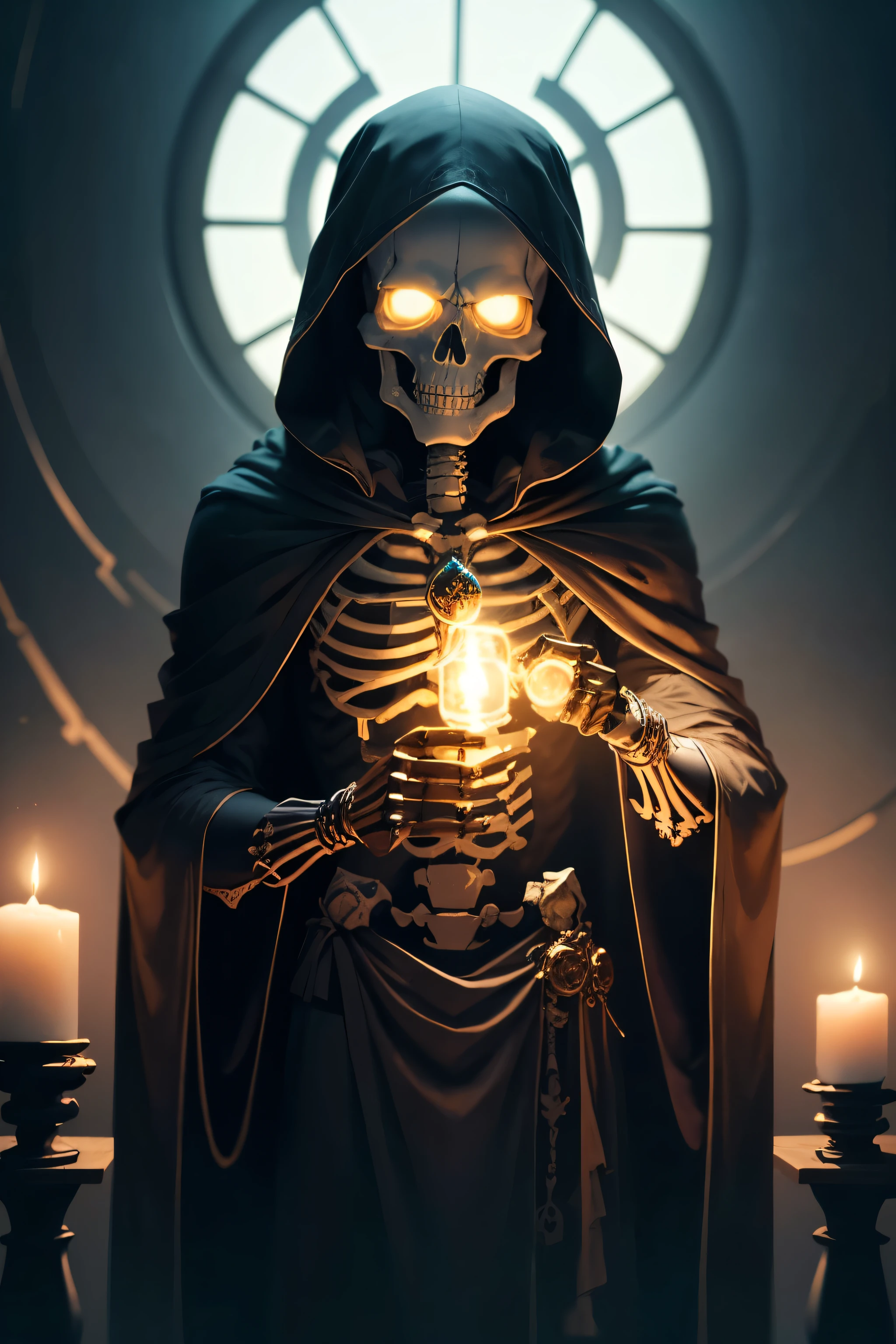 A skeleton god wearing robes examines a glass vial, sinister looking, masterpeice, Fantasy, 4k