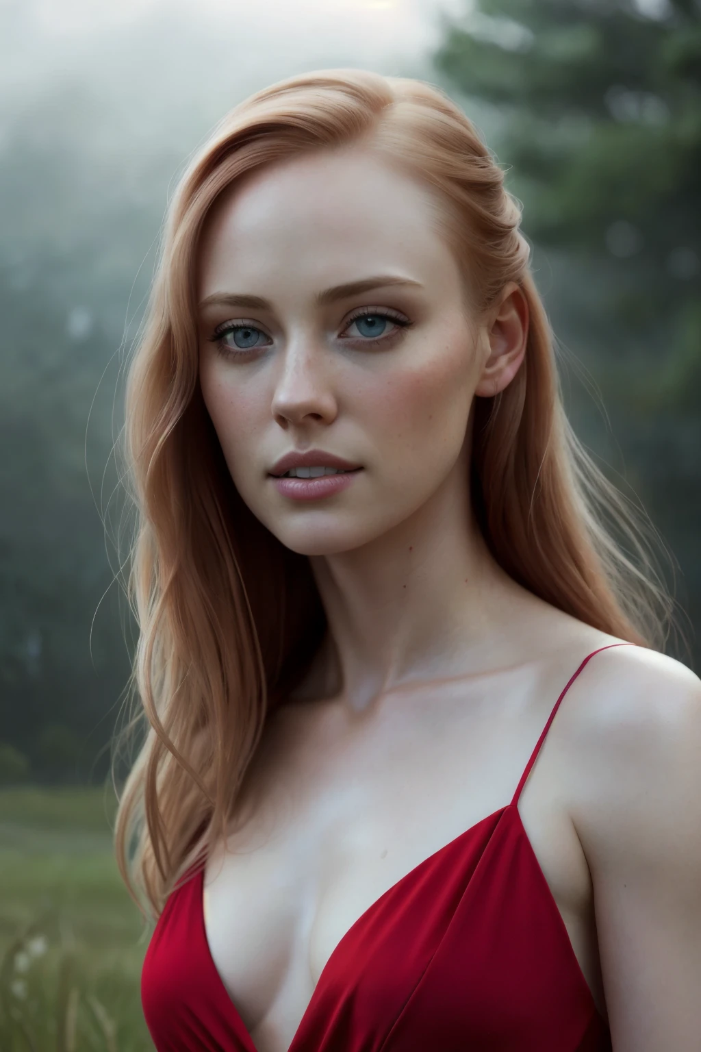 (Thirty year old) woman, Deborah Ann Woll, standing in the rain, wearing a (long bright red dress:1.2), dreamy photo, dramatic pose, looking straight at camera, intense stare, slight smile, portrait, detailed skin texture, beautiful landscape, misty, painting by andre kohn. Intricate, 8k, highly detailed, (extremely detailed CG unity 8k wallpaper), ((square jaw)), (well defined jaw), (downturned lips), (detailed anatomy), Hyperrealistic, trending on CGSociety, Intricate, High Detail, Sharp focus, dramatic, volumetric lighting, digital painting, intense, modelshoot style, (extremely detailed CG unity 8k wallpaper), full shot body photo of the most beautiful artwork in the world, pearl skin, by Jeremy Mann, trending on ArtStation, photorealistic painting art by midjourney