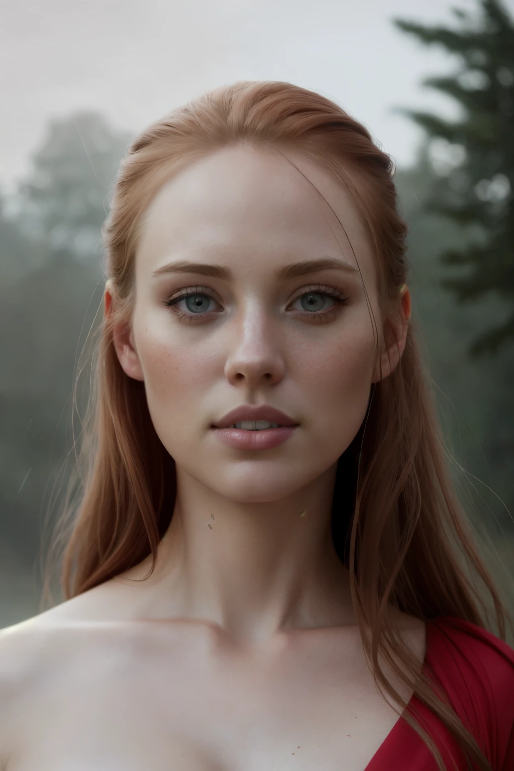 (Thirty year old) woman, Deborah Ann Woll, standing in the rain, wearing a (long bright red dress:1.2), dreamy photo, dramatic pose, looking straight at camera, intense stare, slight smile, portrait, detailed skin texture, beautiful landscape, misty, painting by andre kohn. Intricate, 8k, highly detailed, (extremely detailed CG unity 8k wallpaper), ((square jaw)), (well defined jaw), (downturned lips), (detailed anatomy), Hyperrealistic, trending on CGSociety, Intricate, High Detail, Sharp focus, dramatic, volumetric lighting, digital painting, intense, modelshoot style, (extremely detailed CG unity 8k wallpaper), full shot body photo of the most beautiful artwork in the world, pearl skin, by Jeremy Mann, trending on ArtStation, photorealistic painting art by midjourney