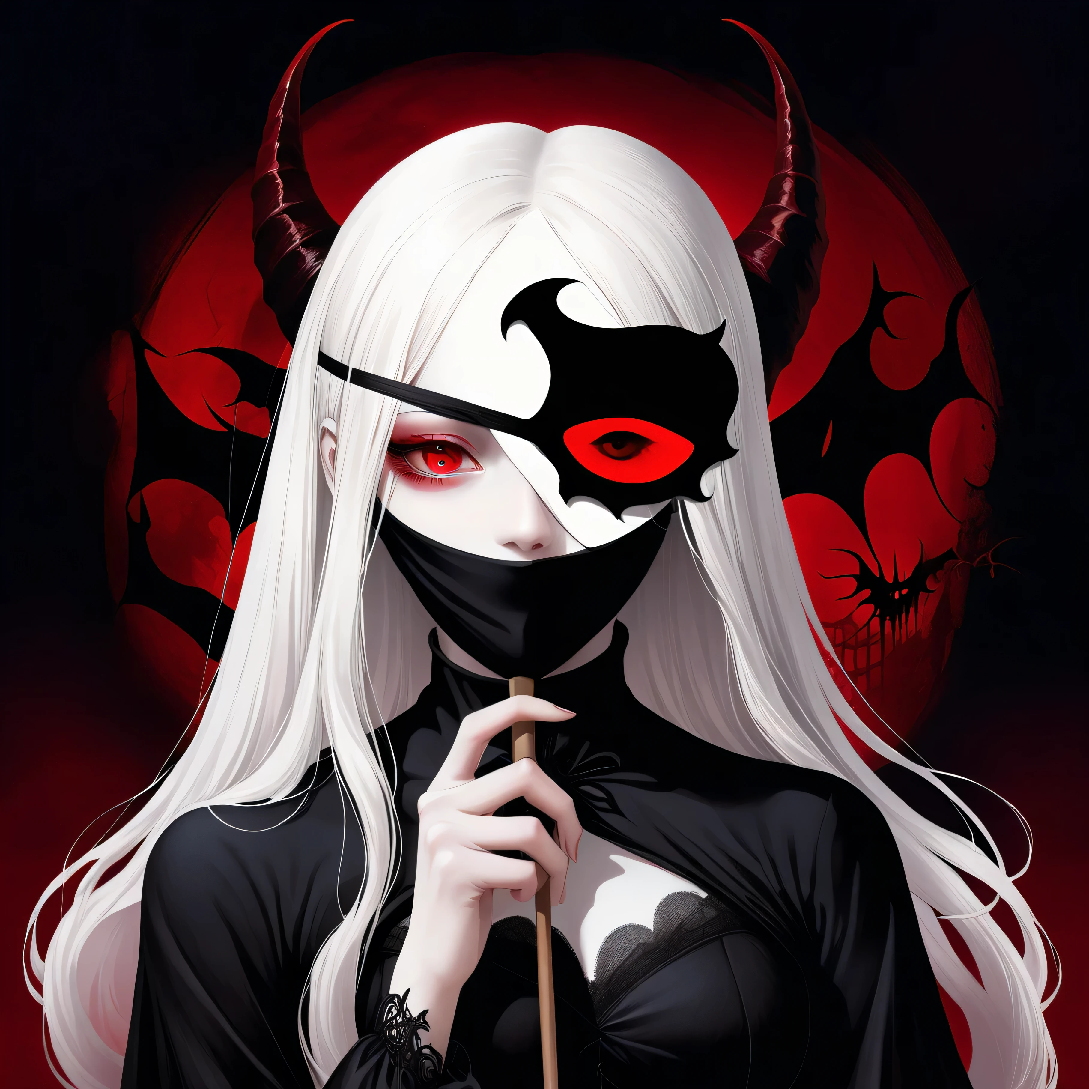 (Holding a mask in hand:1.5),(White-haired ghost wearing an eyepatch,straight hair,red eyes),(gothic art),(The devil is behind her),(fear:1.5),(Correct human anatomy:1.37)