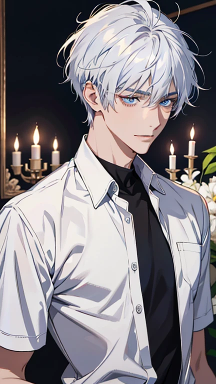 highres, superb quality, Hyper HD, Masterpiece, highly detailed, ((masterpiece)), ((front view)), solo, handsome anime boy, 1 man, 1boy, tan teenager, young man, male, ((young_adult_face)), ((sexy guy)), ((blue eyes)), piercing eyes, smiling, portrait, gradient ((white hair)), shaggy hair, (shiny skin), white_hair, white hair, wearing athletic shirt, wearing tight shirt, romance lane, close-up, ❤ love, beautiful