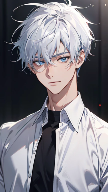 highres, superb quality, Hyper HD, Masterpiece, highly detailed, ((masterpiece)), ((front view)), solo, handsome anime boy, 1 man, 1boy, tan ager, young man, male, ((young_adult_face)), ((sexy guy)), ((blue eyes)), piercing eyes, smiling, portrait, gradient ((white hair)), shaggy hair, (shiny skin), white_hair, white hair, wearing athletic shirt, wearing tight shirt, romance lane, close-up, ❤ love, beautiful