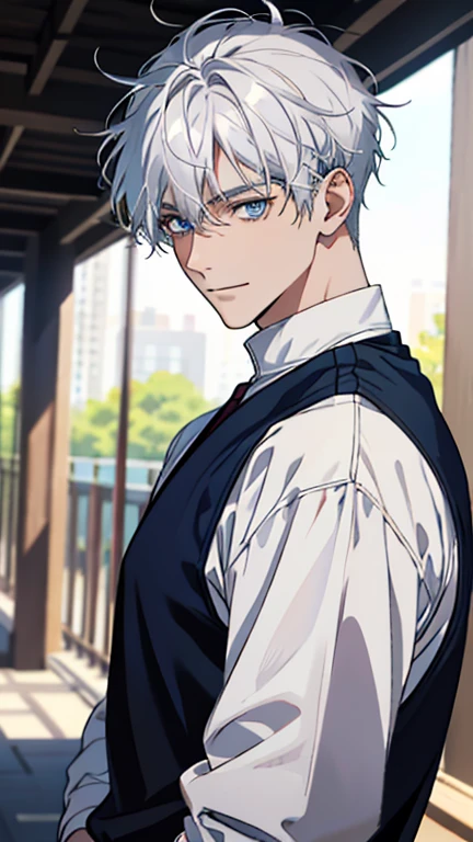 highres, superb quality, Hyper HD, Masterpiece, highly detailed, ((masterpiece)), ((front view)), solo, handsome anime boy, 1 man, 1boy, tan ager, young man, male, ((young_adult_face)), ((sexy guy)), ((blue eyes)), piercing eyes, smiling, portrait, gradient ((white hair)), shaggy hair, (shiny skin), white_hair, white hair, wearing athletic shirt, wearing tight shirt, romance lane, close-up, ❤ love, beautiful
