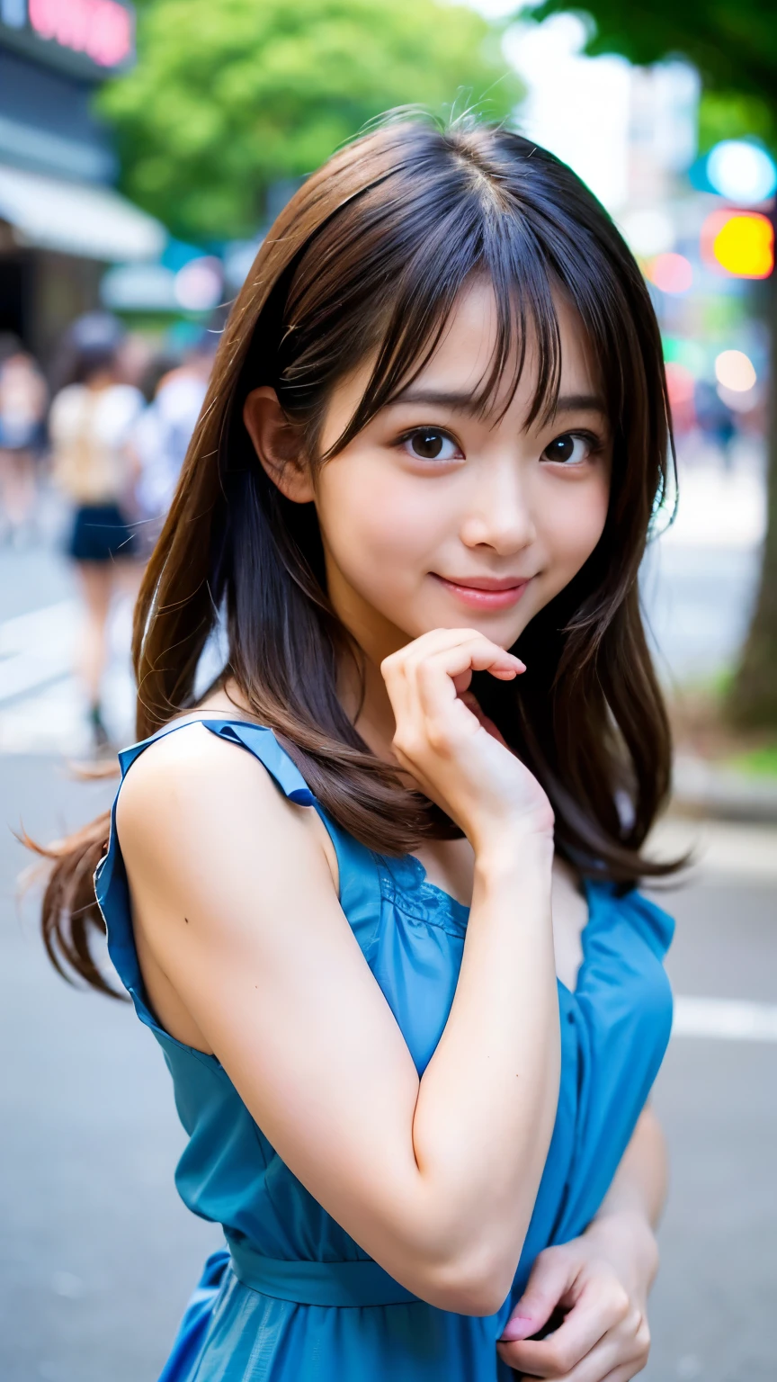 ((Best-quality, Masterpiece, Ultra-High-Resolution, (Photorealistic:1.4), Raw Photo, depth of field, professional lighting, perfect anatomy, extremely details, perfect face, perfect body, perfect hair, perfect hands, perfect fingers)), 1girl, 12-years-old, the most famous Japanese idol, standing at Hiroshima's main street, (wearing summer dress with cute-design), (extremely cute face like the most popular Japanese idol, ((extremely cute and extremely big eyes)), extremely cute hair, extremely beautiful skins, extremely cute childish-body, extremely cute thighs), looking at viewer, innocent smile, dynamic pose, detailed Hiroshima's-main-street