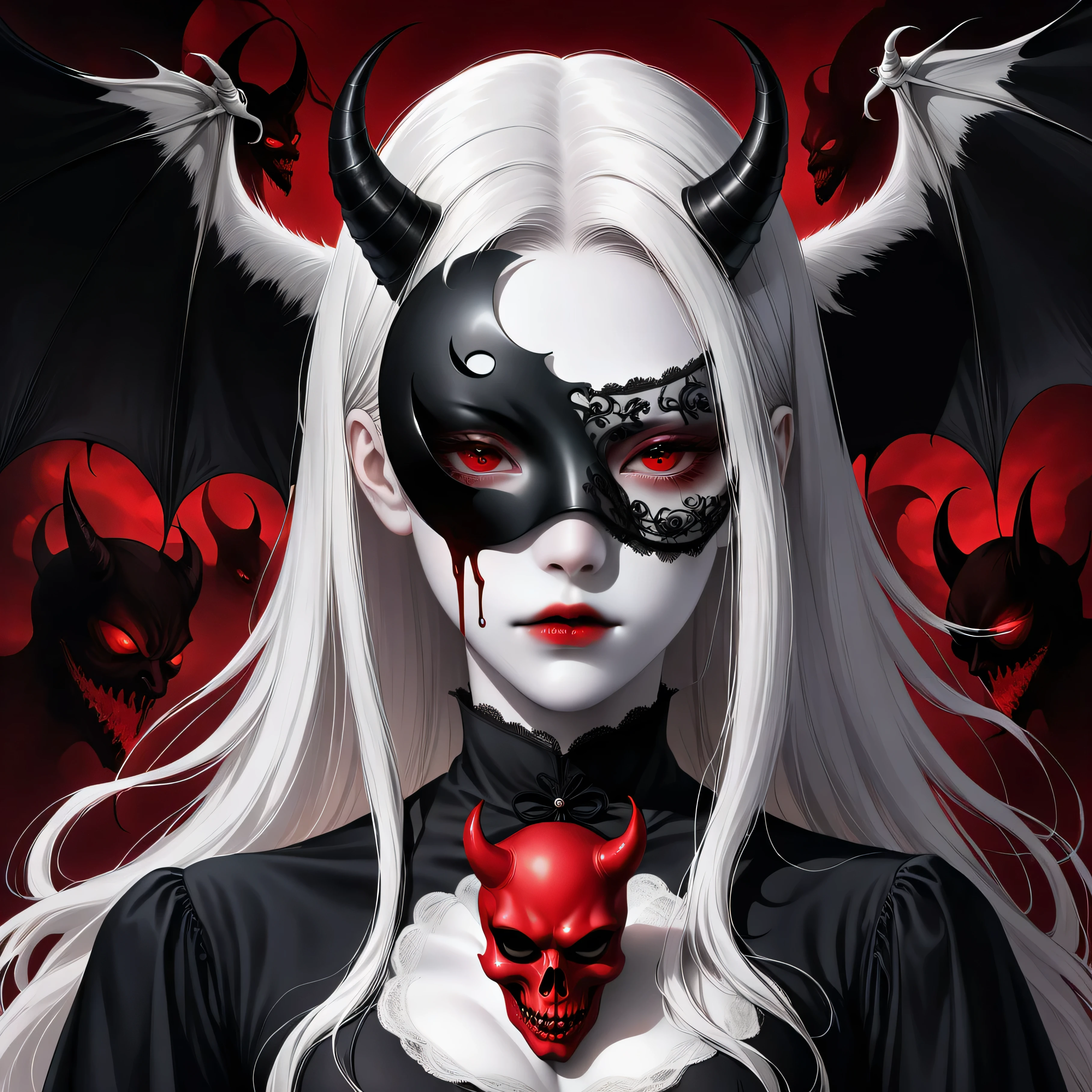 （Holding a mask in hand：1.5），（White-haired ghost wearing an eyepatch，straight hair，red eyes），（gothic art），（The devil is behind her），（fear：1.5），（Correct human anatomy：1.37）