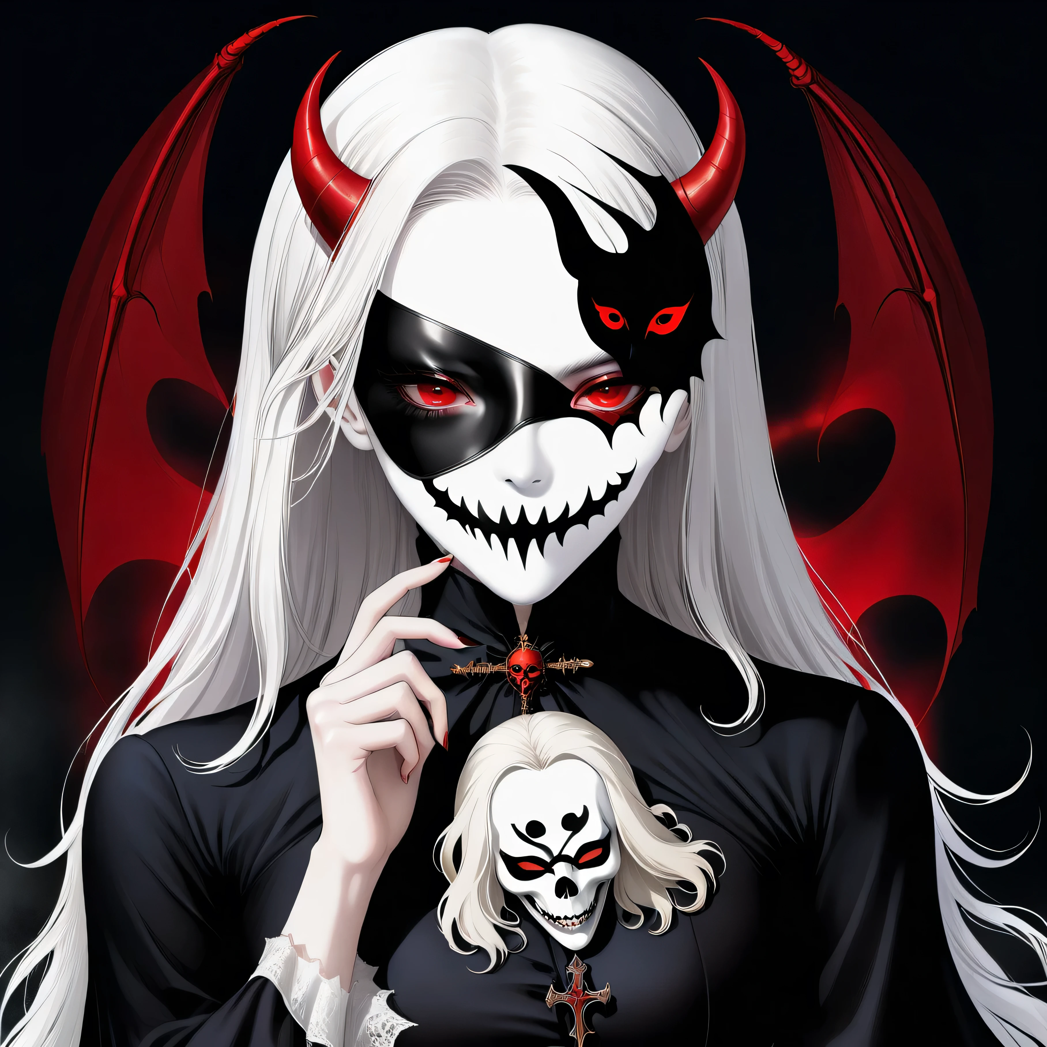 (Holding a mask in hand:1.5),(White-haired ghost wearing an eyepatch,straight hair,red eyes),(gothic art),(The devil is behind her),(fear:1.5),(Correct human anatomy:1.37)