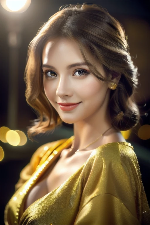 a beautiful russian woman in her 20s, light brown hair, fine white skin, attractive face, tight waist, cleavage, smiling kindly, wearing stylish clothes and necklace, detailed eyes, nose, lips, long eyelashes, perfectly balanced body, rough hairstyle, (best quality,8k,highres,masterpiece:1.2),ultra-detailed,(realistic,photorealistic,photo-realistic:1.37),HDR,UHD,studio lighting,ultra-fine painting,sharp focus,physically-based rendering,extreme detail description,professional,vivid colors,bokeh,portrait,beautiful night scenery,geisha,