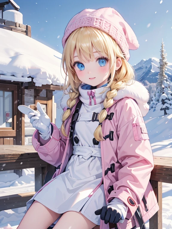(8k, highest quality, Tabletop:1.2)、Ultra-high resolution, Detailed face, One 10-year-old girl, Blue eyes, Blonde, Braid, Woolen hat, Put on goggles, Pink Coat, White gloves, (Ski wear:1.2), Snow Mountain, it&#39;s snowing, Snow around, Ski boots, Skis, skier
