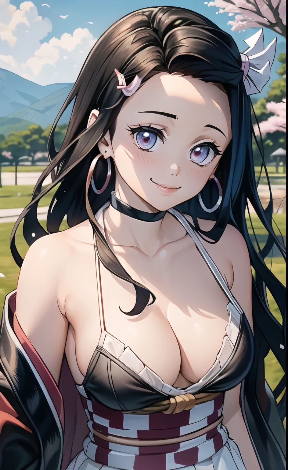 kamado nezuko, (masterpiece), best quality, expressive eyes, perfect face, Nezuko, Kimetsu, 1 Girl, ((Super Detail)), (Highest Quality: 1.0), (High Detail: 1.0), Bare Arms, Bare Shoulders, Brown Eyes, Cleavage, Collarbone, Earrings, Hoop Earrings , Horn, Demon, Nezuko, Long hair, Red Shimenawa, Sideboob, Sidelock, Sleeveless, Sleeveless Kimono, Kimetsu, Nezuko, (Highest quality: 1.0), (High detail: 1.0), Nezuko (Kimetsu), Sideboob , red and black mixed hair, hair ornaments, looking at the viewer, blushing, happy, beautiful smile, standing seductively, beautiful scenery, cherry tree, clear sky,