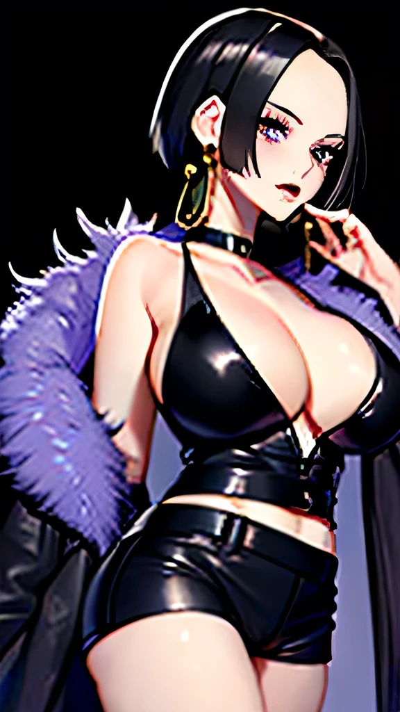 best quality, masterpiece, highly detailed,1girl, ,boa hancock,short hair,black hair,purple eyes,black tube top , black shorts,black jacket with fur,large breast , black choker, hop earrings