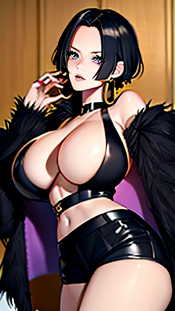 best quality, masterpiece, highly detailed,1girl, ,boa hancock,short hair,black hair,purple eyes,black tube top , black shorts,black jacket with fur,large breast , black choker, hop earrings