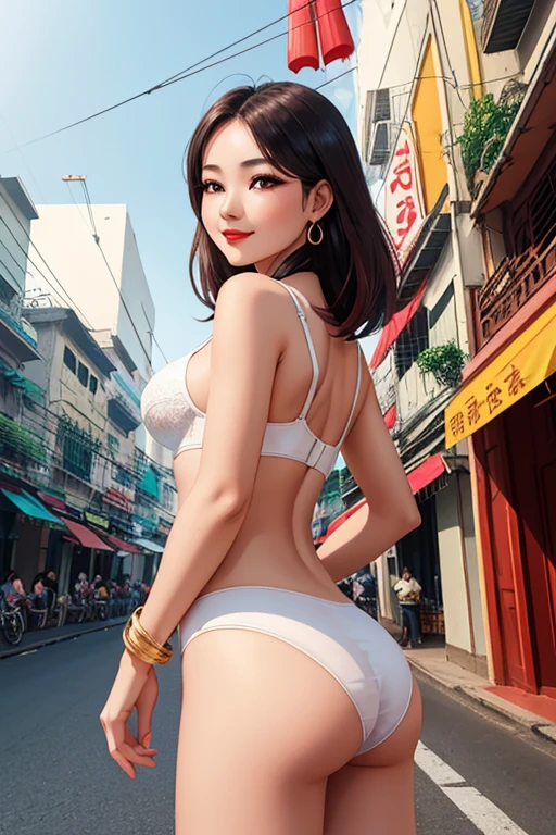 Beautiful girl: Asia, siêu dễ thương;
age: from 18-20 years old;
skin: milk white, rosy and flawless;
hair: copper orange color, smooth, lung linh dưới sunlight, detail;
eye: jet black, almond shaped, sexy, youthful, trong trẻo, siêu detail, elegant, charming, trang điểm high solution, true, bắt eye;
mí eye: delicate, Perfect Beauty;
eyebrow: cong, dear, high solution;
Face: beautiful, pure, Andromeda, light makeup, lovely, Perfect balance, đẹp đến từng detail;
nose: xinh, lovely, cao;
cheekbone: prominent;
lip: charming, light red lipstick, son bóng lovely;
răng: Beaming smile, Lily-white;
body: full of youth, khít chặt apparel;
accessory: chain, earring, bracelet;
ngực: toning, tight fitting bra;
butt: develop, tight fitting underwear;
apparel lót: mesh fabric, metal thread, shiny;
apparel: shiny leather, colorful, bó sát body;
Fashion style: high-class, Modern 2024, luxurious;
Image quality: non-NSFW, 8K CG HD, high solution, Super nice graphics, professional, detail, colourful, ultrafine, advanced techniques, RAW true;
light: complex color combinations, black gold rays;
sunlight: twinkle, illuminate the girl's body;
Wallpaper: random, beautiful;
Colorful street art, The photo is visually appealing;
((Girl standing on tourist street of Vietnam));
