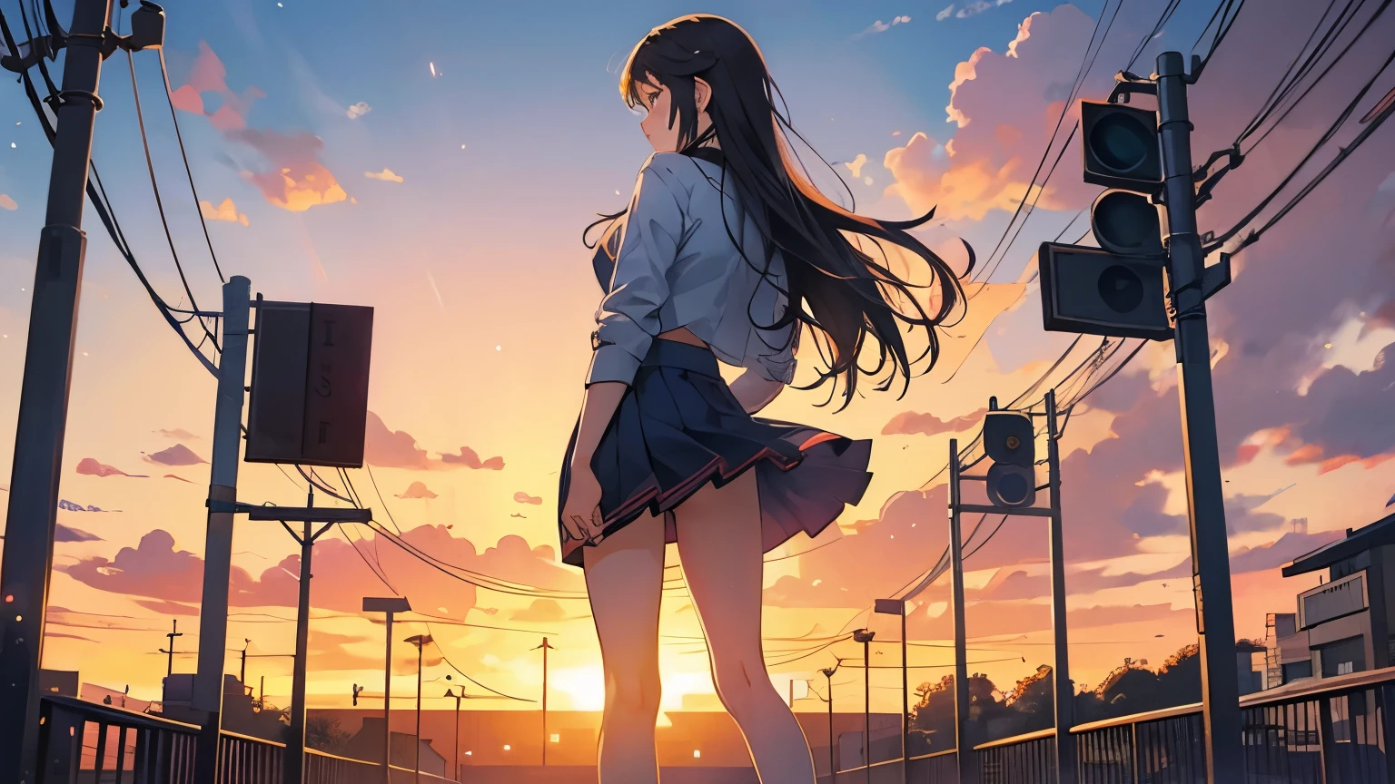 A city lit by the setting sun、Standing woman in mini skirt、Anime illustration、painful
