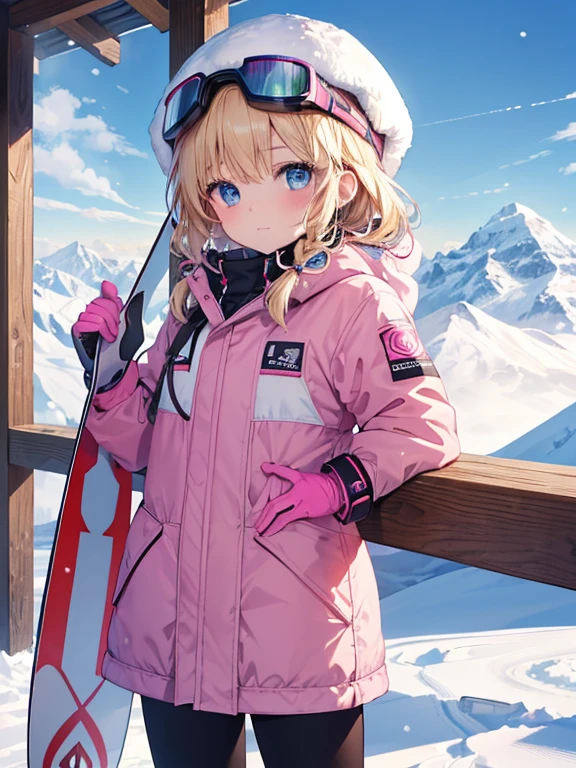 (8k, highest quality, Tabletop:1.2)、Ultra-high resolution, Detailed face, One 10-year-old girl, Blue eyes, Blonde, Braid, Woolen hat, Put on goggles, Pink Coat, White gloves, (Ski wear:1.2), Snow Mountain, it&#39;s snowing, Snow around, Ski boots, Skis