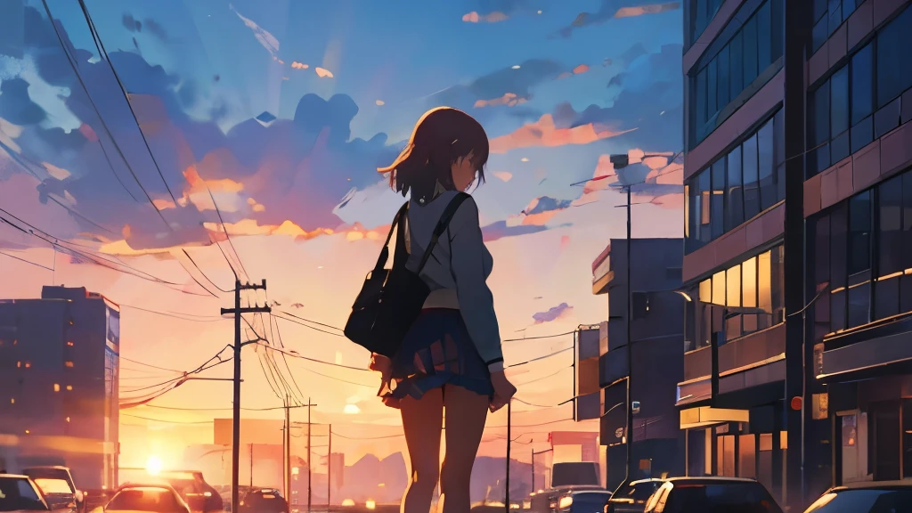 A city lit by the setting sun、Standing woman in mini skirt、Anime illustration、painful