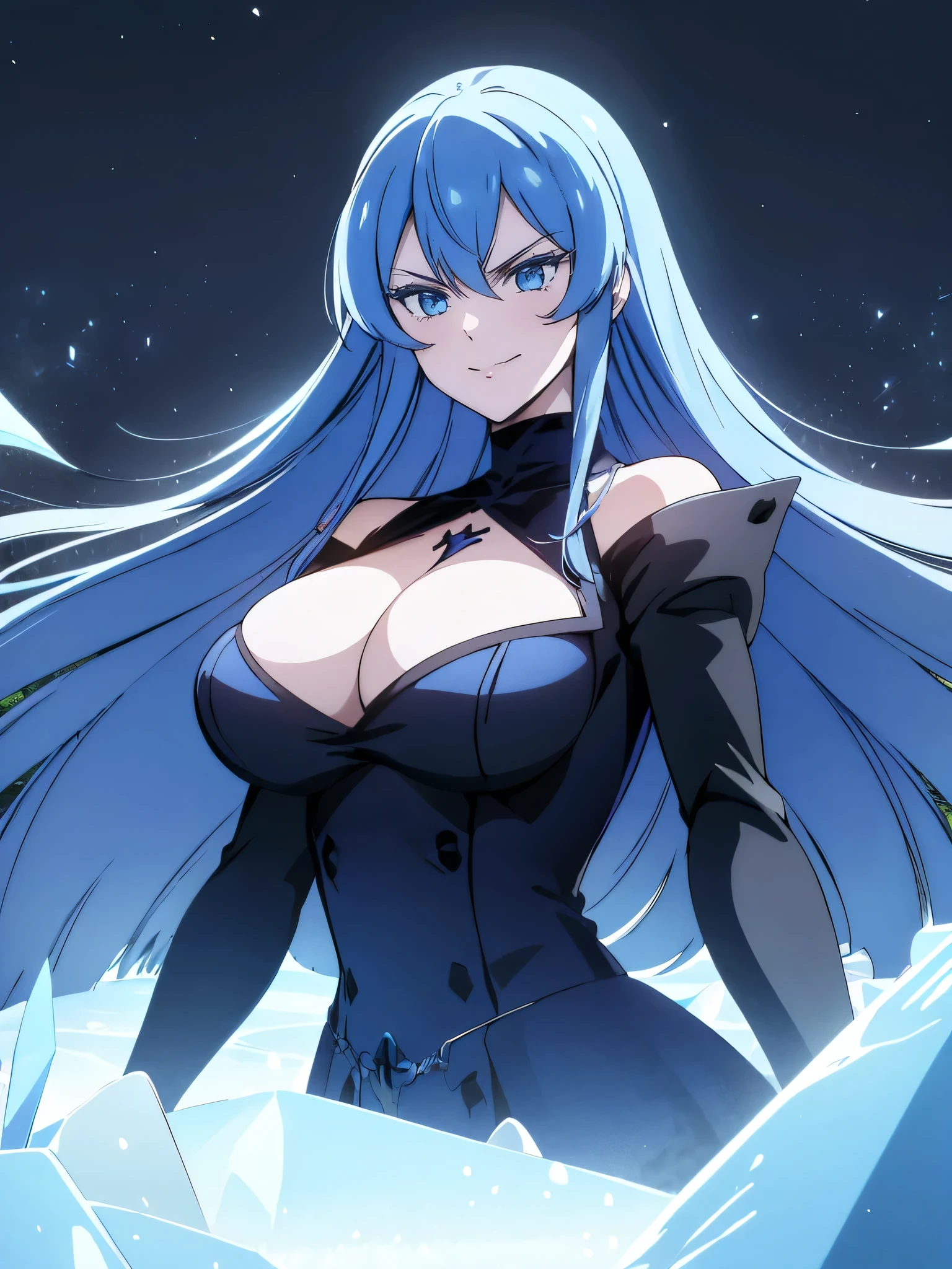 (artwork, best quality) a girl with long blue hair, blue eyes, blue eyelashes, black dress, big breasts, smiling, angry, on an ice floor, in a field at night, 4k, hd, beautiful perfect face, body