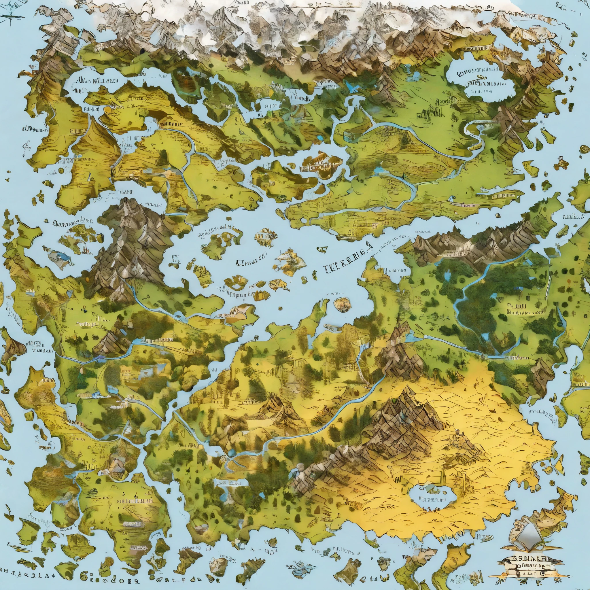 paisagem de fantasia com Castelos, florestas, aldeias, roads and geographic features drawn in realistic pictorial style
