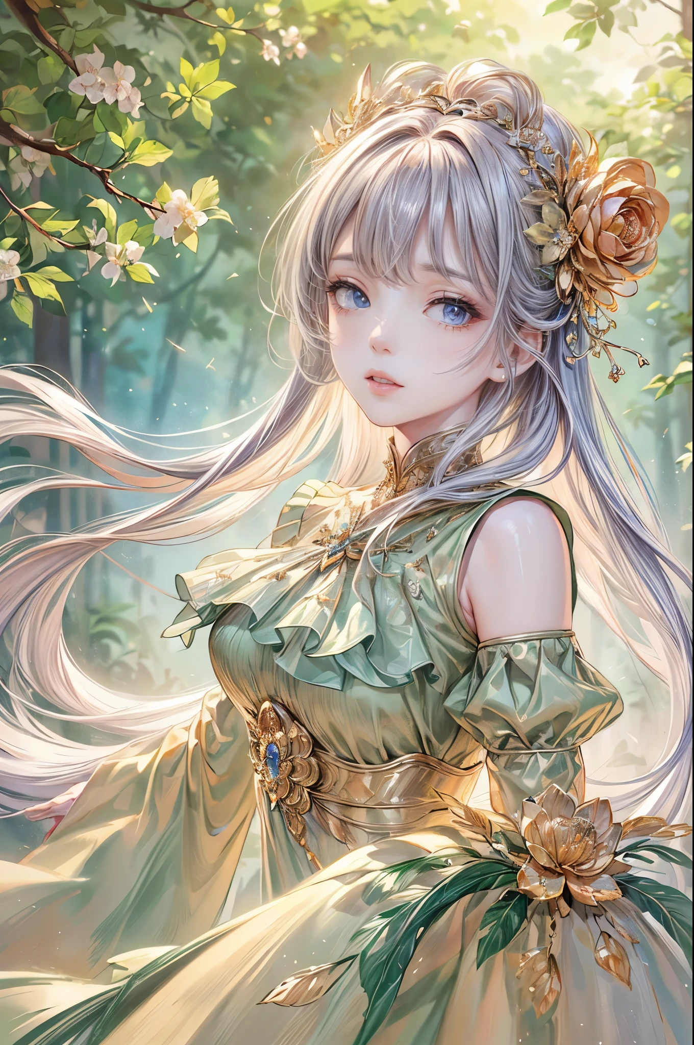 (best quality,8K,CG,Detailed upper body,,girl,Flower Dress,Forest background,expressive facial features,elegant long hair,Almond eyes,Exquisite eye makeup,Long fluttering eyelashes,Blinking eyes widely,Twinkling Stars,Intricate lip details,Pastel style)
