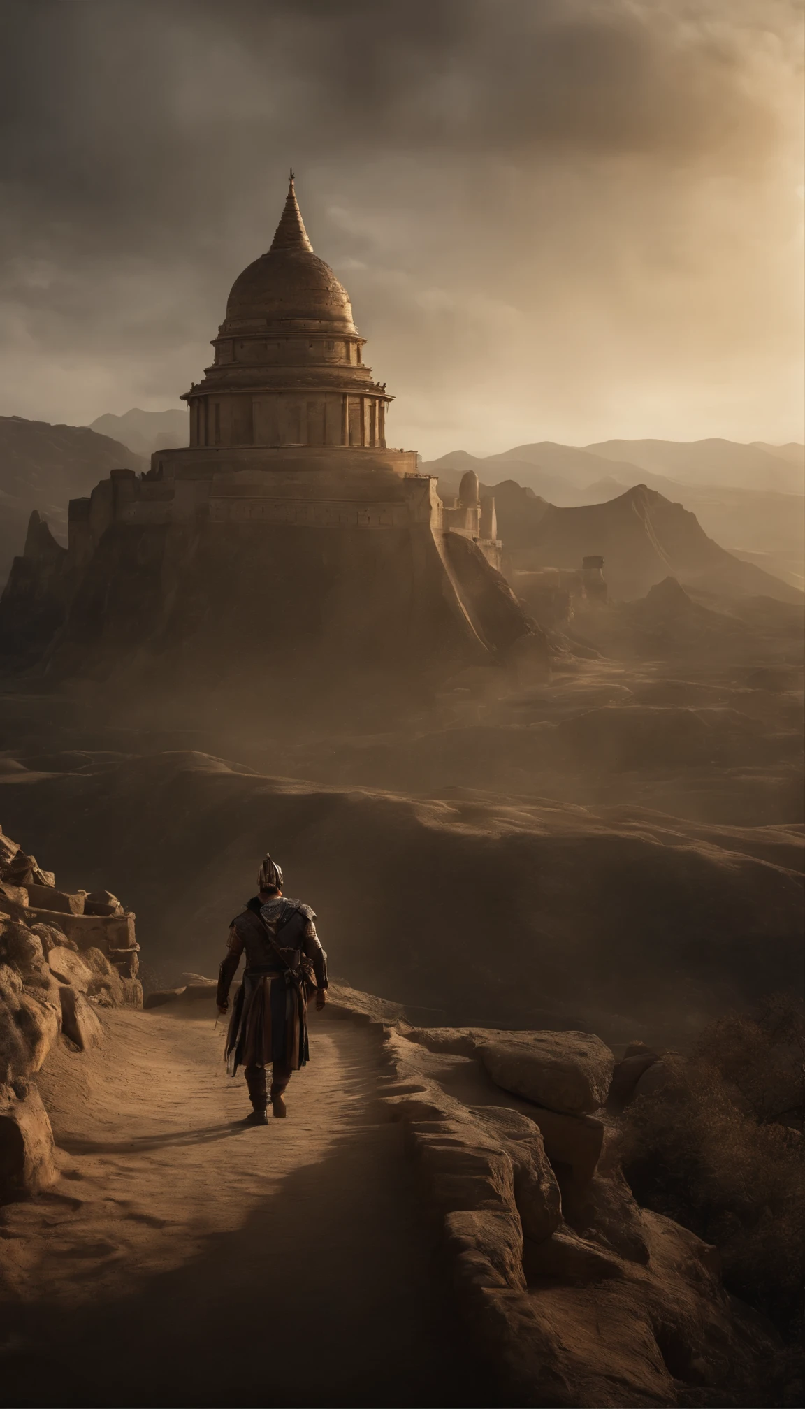 A scene from a movie(masterpiece、Highest quality、Photorealistic):The majestic building is dramatically lit、High-contrast shadows cast on the details of the fortress towers。An ancient warrior in striking armor stands atop a tower、Determination is engraved on his sculpted features、Preparing for battle。The falling stones glittering in the air、Announcement of the imminent siege of the walls of Jericho。The dust scattered by the crowd、1.Add to the exaggerated perspective of the 5-deep border、Creating immersive and awe-inspiring scenes。 The shocking enormity of