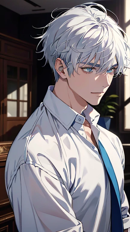 highres, superb quality, Hyper HD, Masterpiece, highly detailed, ((masterpiece)), ((front view)), solo, handsome anime boy, 1 man, 1boy, tan teenager, young man, male, ((young_adult_face)), ((sexy guy)), ((blue eyes)), piercing eyes, smiling, portrait, gradient ((white hair)), shaggy hair, (shiny skin), white_hair, white hair, wearing athletic shirt, wearing tight shirt, romance lane, close-up, ❤ love, beautiful, indoors, side view, ((looking at camera)), cinematic lighting, high contrast