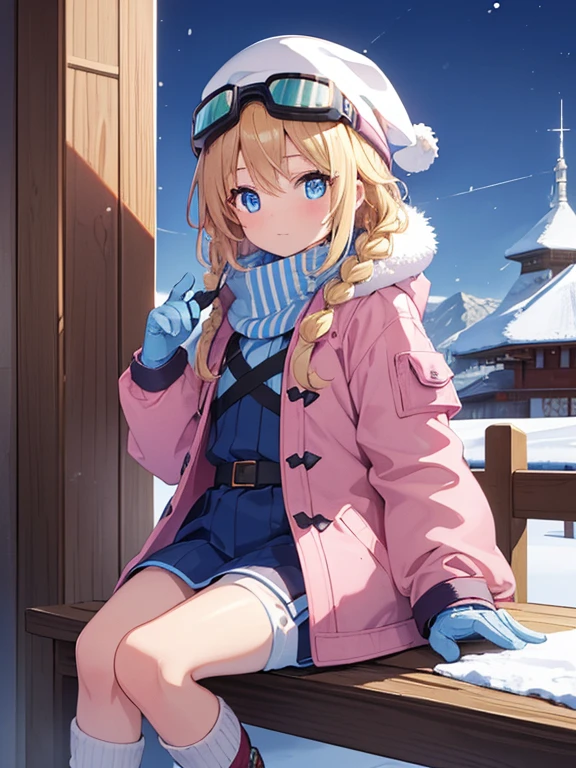 (8k, highest quality, Tabletop:1.2)、Ultra-high resolution, Detailed face, One -yeld gi Blue eyes, Blonde, Braid, Woolen hat, Put on goggles, Pink Coat, White gloves, (Ski wear:1.2), Snow Mountain, it&#39;s snowing, Snow around, Ski boots, Skis