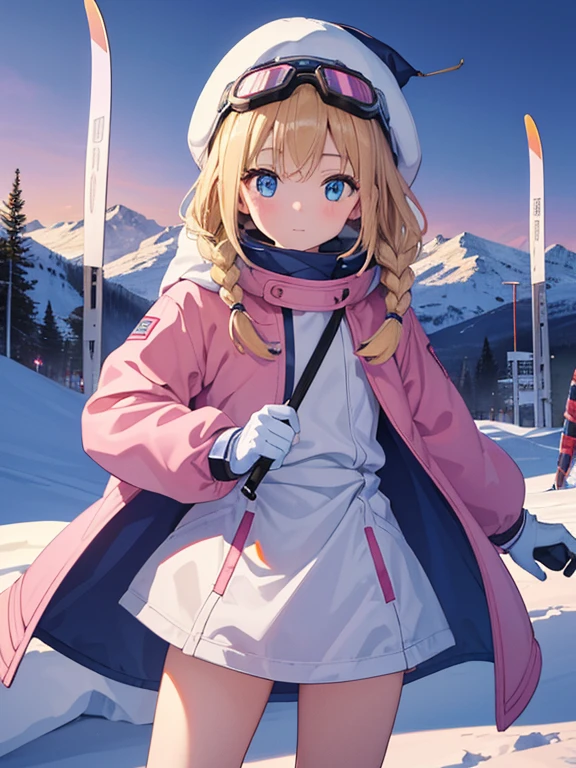 (8k, highest quality, Tabletop:1.2)、Ultra-high resolution, Detailed face, One 10-year-old girl, Blue eyes, Blonde, Braid, Woolen hat, Put on goggles, Pink Coat, White gloves, (Ski wear:1.2), Snow Mountain, it's snowing, Snow around, Ski boots, Skis
