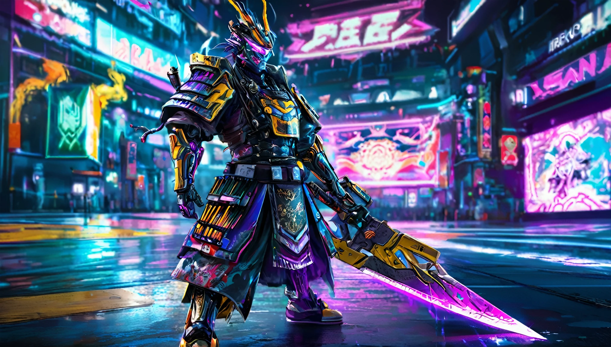 A samurai warrior in liquid metal armor with dragon designs, wielding a neon lit blade, in a cyberpunk arena, full body, (best quality,4k,8k,highres,masterpiece:1.2),ultra-detailed,(realistic,photorealistic,photo-realistic:1.37),HDR,UHD,studio lighting,ultra-fine painting,sharp focus,physically-based rendering,extreme detail description,professional,vivid colors,bokeh,cyberpunk,science fiction,mecha