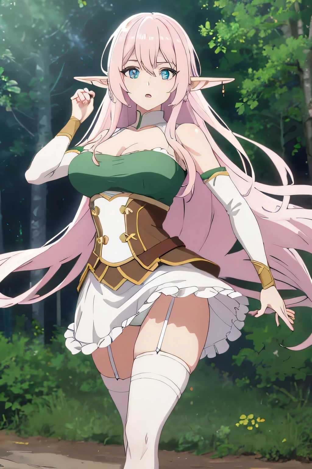 yarandrala, long hair, bangs, blue eyes, hair between eyes, very long hair, pink hair, pointy ears, elf,gloves, cleavage, jewelry, earrings, corset, dress, green dress, pelvic curtain,(((white lace panties ))),in the forest,day,sun light,
break masterpiece ,8k unity wallpaper,anime key visual,highest quality, High resolution, unity 8k wallpaper, (shape:0.8),anime coloring,highly detailed face, detailed eyes,growing eyes,shiny skin,fine skin,white skin,dense skin,detailed hair,highly detailed legs,perfect lighting, Detailed CG, (perfect hands, perfect anatomy),High resolution,(Detailed wear ),slender limbs, delicate curves, dainty hands,figure:0.8,
