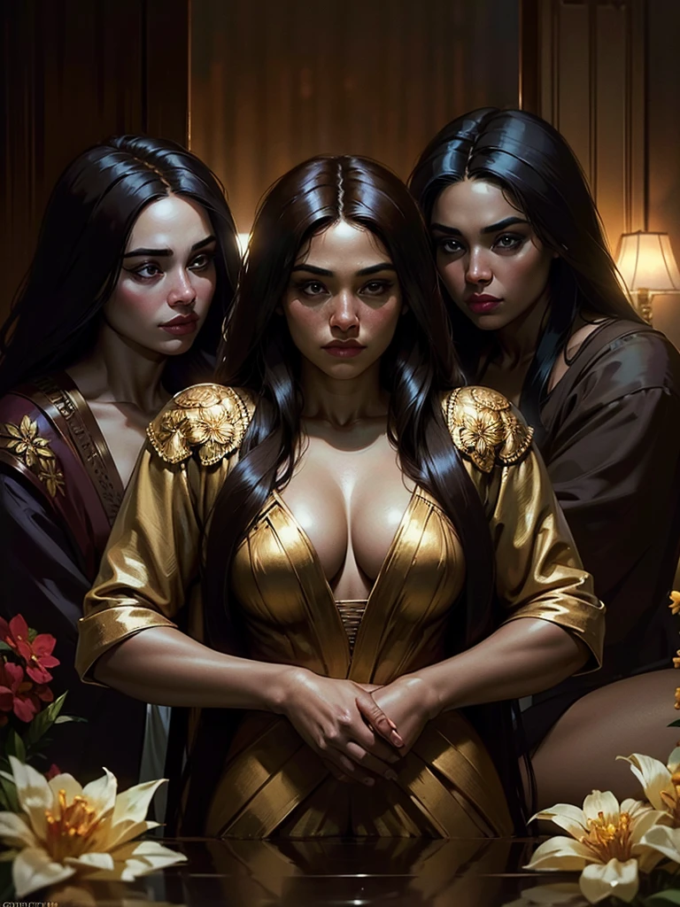 (Best Quality, 2k, Masterpiece, QHD: 1.3, A Handsome short haired african barbarian man is surrounded by three women up against him touching him and gaze at him, at a mansion, wearing Tracksuits that show off body, perfect bodies, women: long flowing hair, flowers in hair, seductive, materials, golden hour, , jewelry, golden hour, photorealistic, masterpiece, in love, small grin, perfect faces, Flirtatious-groping