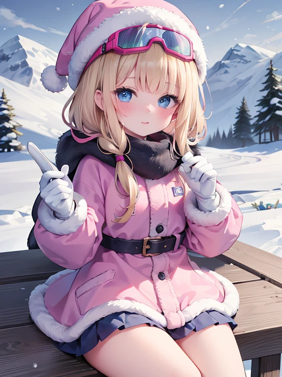 (8k, highest quality, Tabletop:1.2)、Ultra-high resolution, Detailed face, One , Blue eyes, Blonde, Braid, Woolen hat, Put on goggles, Pink Coat, White gloves, (Ski wear:1.2), Snow Mountain, it's snowing, Snow around, Ski boots, Skis