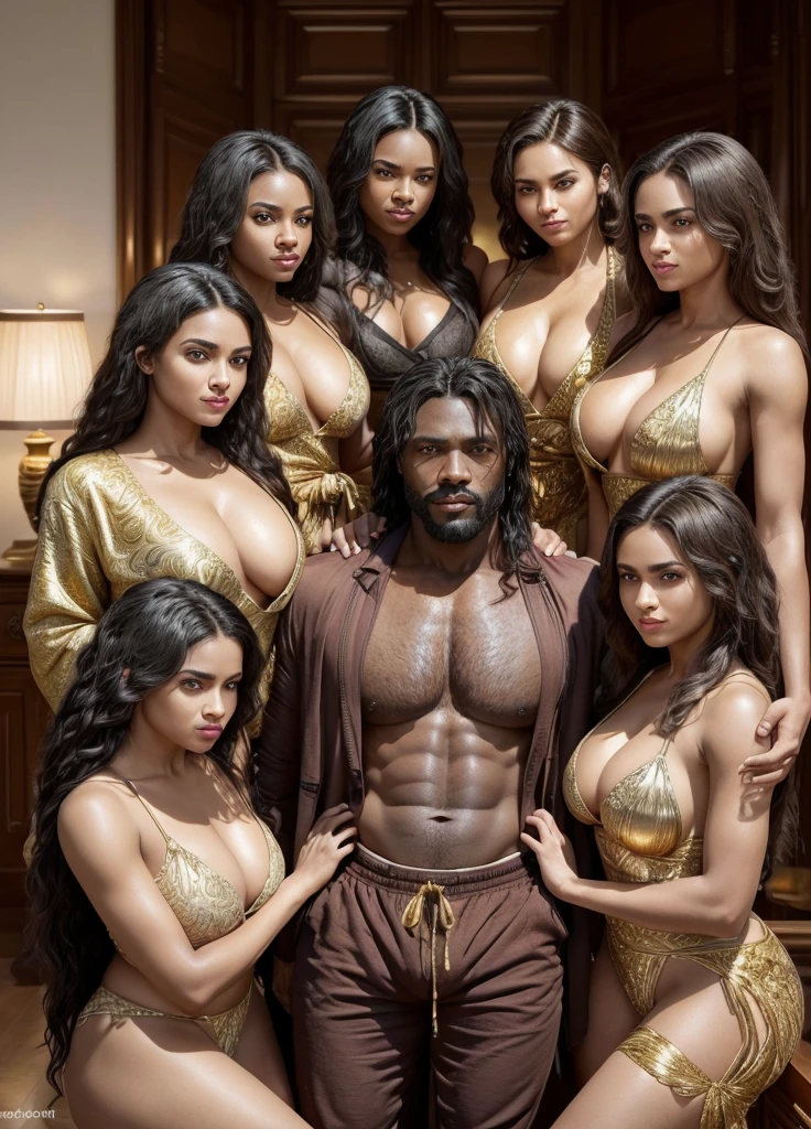 (Best Quality, 2k, Masterpiece, QHD: 1.3, A Handsome short haired african barbarian man is surrounded by three women up against him touching him and gaze at him, at a mansion, wearing Tracksuits that show off body, perfect bodies, women: long flowing hair, flowers in hair, seductive, materials, golden hour, , jewelry, golden hour, photorealistic, masterpiece, in love, small grin, perfect faces, Flirtatious-groping