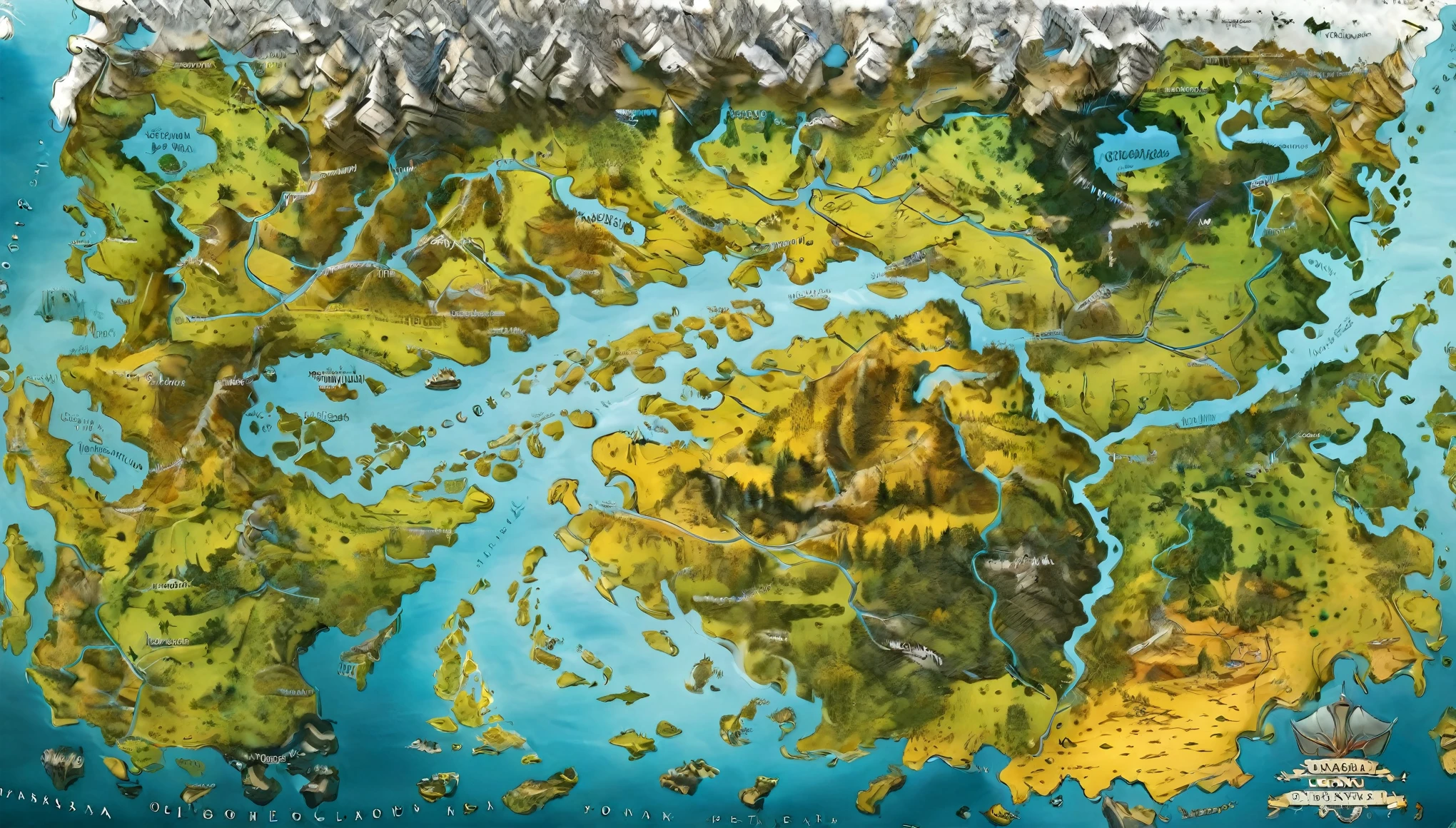 paisagem de fantasia com Castelos, florestas, aldeias, roads and geographic features drawn in realistic pictorial style