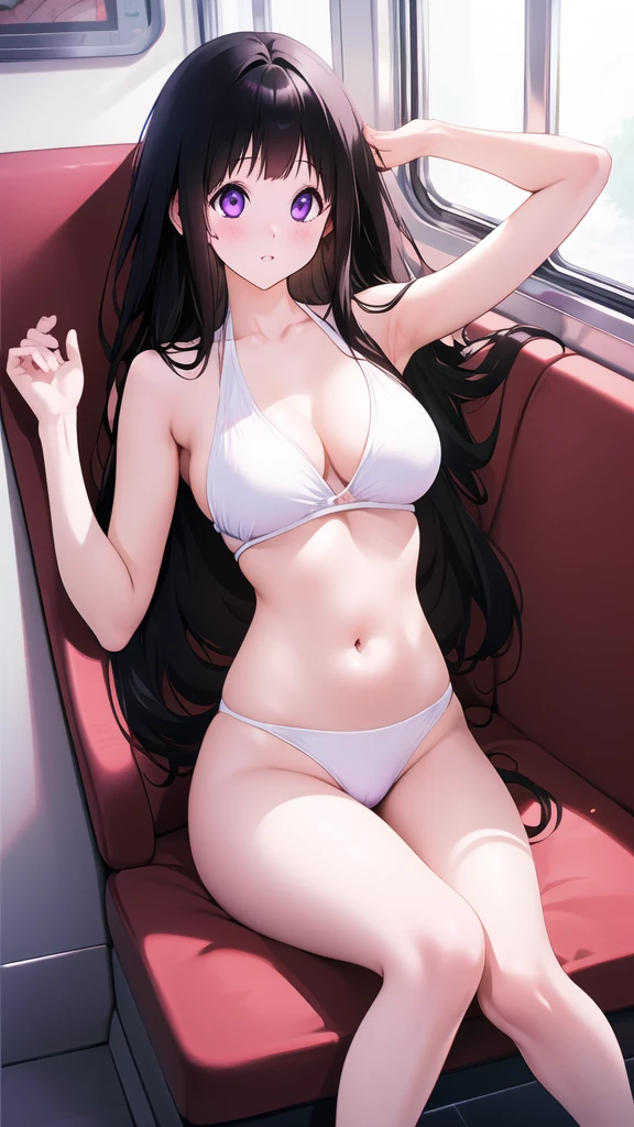 Beautiful Chitanda,只有一个beautiful girl,Purple Eyes, Black Hair, Natural straight hair, Straight bangs,Extremely refined,open your lips,Face is so red,Very white skin,Skin as delicate as porcelain,Glowing skin,big eyes,Flowing long hair,beautiful girl, Like a dream,Slim,Slim waist,Soft, (Sensual), (Kawaii), Dream quality,On the train,White bikini,The body is soaked,Side body,very close,Deep V neckline,Loose neckline,Beautiful big breasts,No pants,Delicate clavicle,Delicate hands and feet,Raise your hands,Showing armpits,Bare neck,There is no decoration on the neck,Bare thighs,Exposing the groin,Camel toe,extremely shy,Ultra-high resolution, (masterpiece:1.2, best quality), (Delicate and beautiful eyes: 1.2), (Beautiful and delicate face)