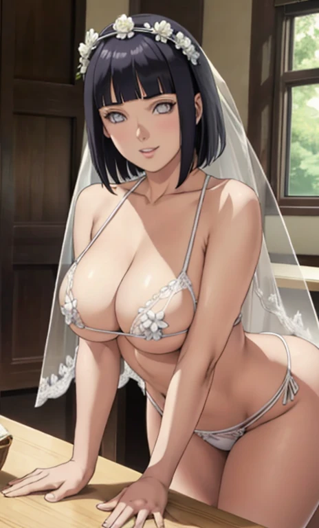 standing, solo, hinata\(boruto\), 1girl, mature female, (very tight plain white micro bikini, wedding veil, white flower wedding crown), no shirt, showing off), sideboob, large breasts, areola slip, cleavage, leaning forward, hanging breasts, curvy, hands on table, arms down, looking at viewer, blush, parted lips, light smile, short hair