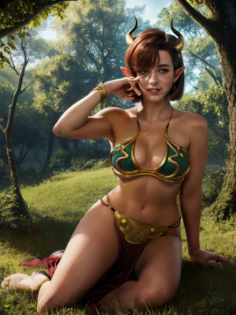 (8k, RAW photo, best quality, masterpiece:1.2),ultra-detailed, (high detailed skin:1.2), 8k uhd, dslr, soft lighting, high quality, freckles, crimson bob cut, portrait sophia_lillis, woman, bob cut, green armor, doric, horns, tail, pointy ears, full body, in forest, gold_bikini