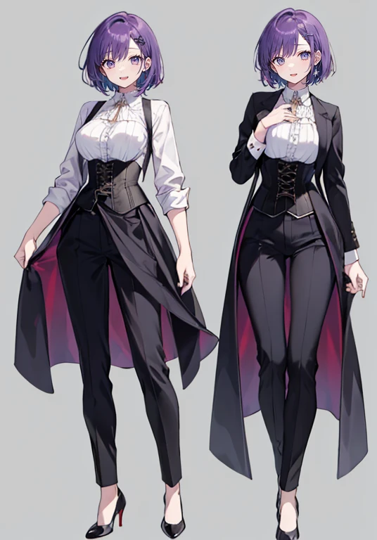 Purple hair,short hair,Adult female,(suit),((Roll up your sleeves)),(Corset),(slacks),(high heels),The heel is visible,((Simple background)),Smile,((Full body)),((whole body)),Character Sheet,