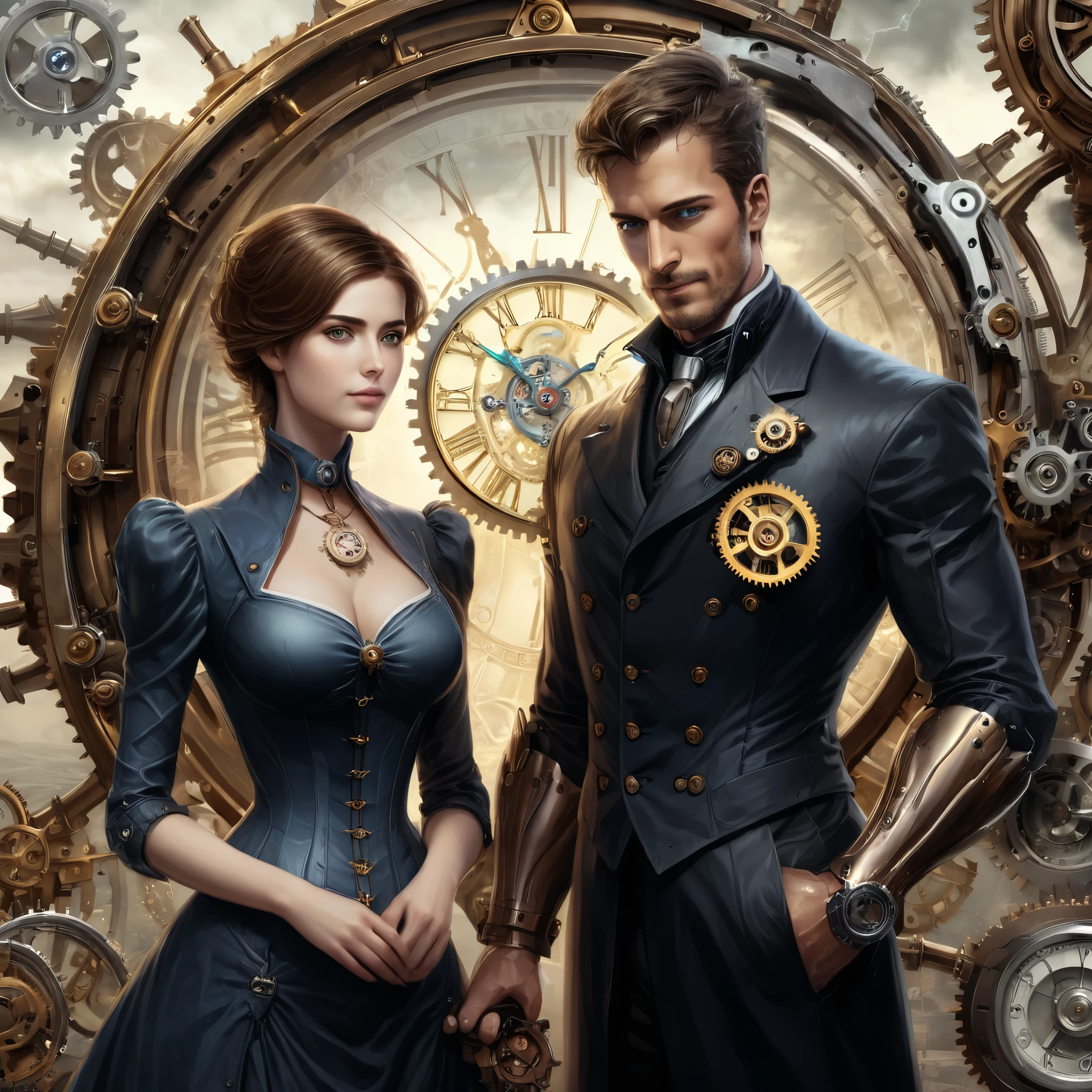 a man and a woman standing next to each other, high quality steampunk art, mechanical hands, overclocking, featured art, intricate intense elegant, photo - manipulation, gearwheels, twist of time, detailed realistic faces, connectedness, luxury fashion, clockface, arthouse, alchemist lab