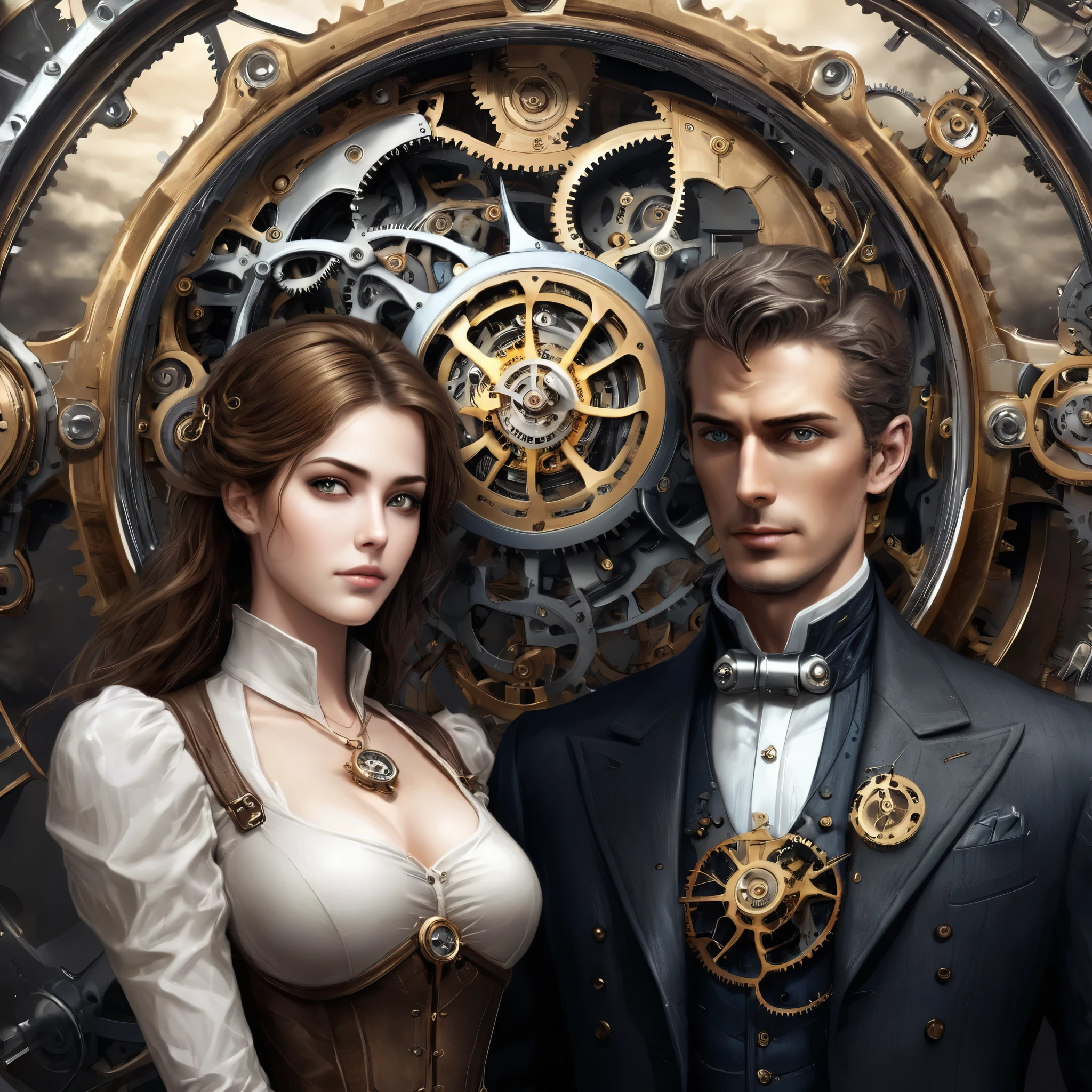 a man and a woman standing next to each other, high quality steampunk art, mechanical hands, overclocking, featured art, intricate intense elegant, photo - manipulation, gearwheels, twist of time, detailed realistic faces, connectedness, luxury fashion, clockface, arthouse, alchemist lab