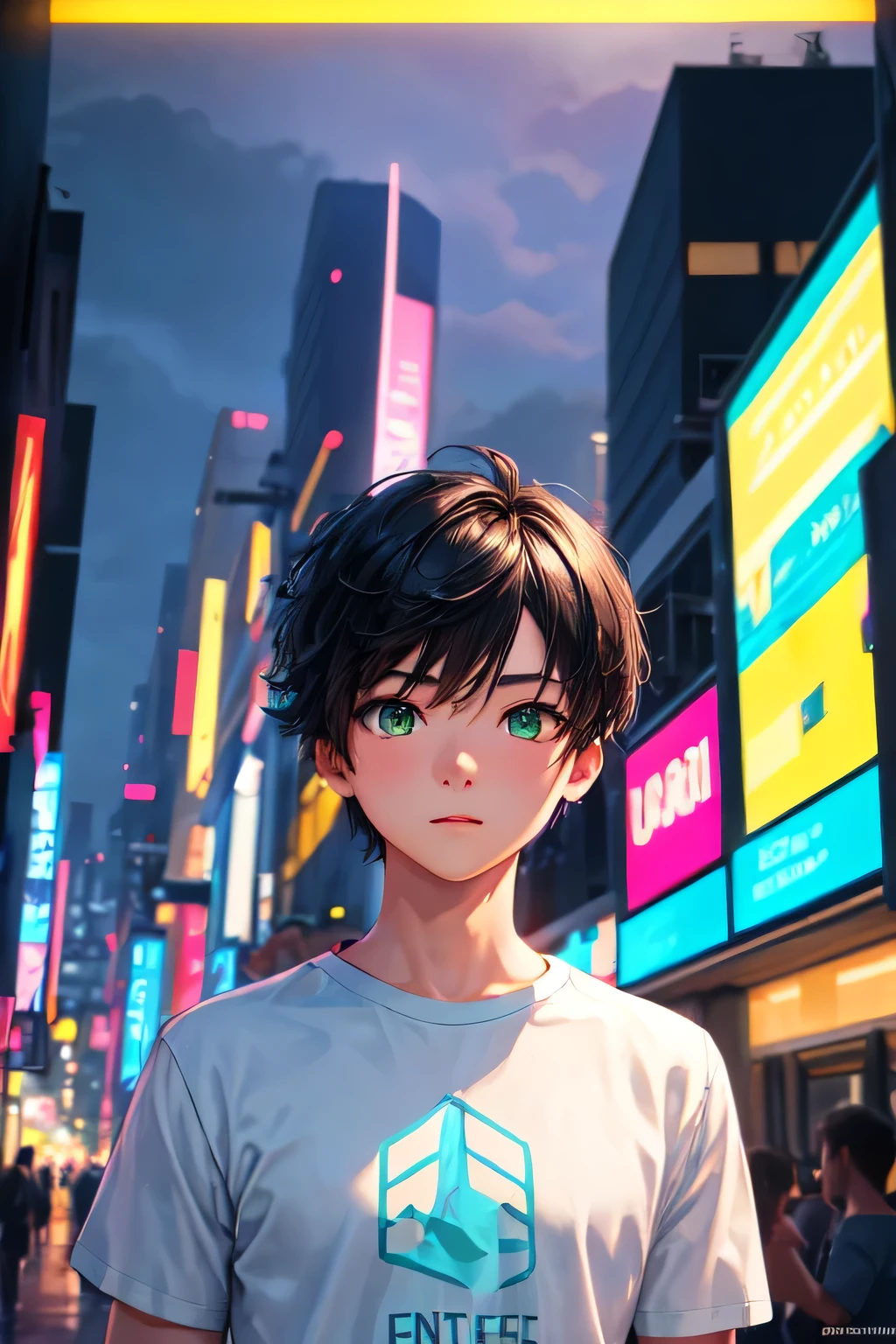 1boy, male focus, short hair, black hair, green eyes, plain t-shirt, esports Jersey t-shirt, digital illustration, cyan and black, looking at viewer, busy city street, atmospheric lighting,night, blurry, best quality, excellent quality, best aesthetics, no nonsense