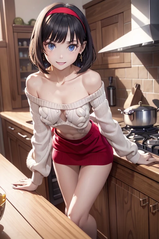 (dynamic angle:1.3, front view:1.1, breast focus:1.3, from below:1.2), (dynamic posing:1.5, sexy posing:1.3, leaning forward), (seductive smiling:1.3),masterpiece, 1girl, (pointed chest:1.3), cleavage:1.1,(double breasted:1.4,under bust:1.4), Amazing Cleavage:1.5, thin waist, cute ass, Raised sexy, (small breast: 1.6) posed cleavage:1.4、solo, looking at viewer, open mouth, have a grass of beergrass,black hair, blue eyes, bare shoulders, jewelry, collarbone, sidelocks, hairband, earrings, indoors, (red off shoulder sweater dress:1.3,skirts:1.6), arms behind back, short hair with long locks, blue white hairband, big side hair, very long side hair is rendered in (masterpiece: 1.2, best quality), with (ultra high resolution) and an exquisite (depth of field). This masterpiece is not only visually stunning but also tells, a scene of cooking in the kitchen