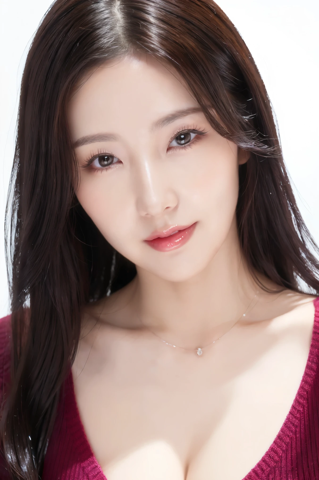 (highest quality、Tabletop、8k、Best image quality、Award-winning works)、One beautiful woman、Beautiful elegant long hair、Beautiful black hair、(alone:1.1)、(The perfect burgundy V-neck long sleeve knit:1.4)、(The simplest white background:1.4)、とてもLarge Breasts、Accentuate your body lines、Beautiful and detailed、Look at me、(Perfect Makeup:1.1)、Bright lipstick、Ultra-high definition beauty face、Ultra HD Hair、Ultra-high definition sparkling eyes、Ultra High Resolution Perfect Teeth、Ultra-high quality glossy lips、Accurate anatomy、Very beautiful skin、Glowing skin in ultra-high resolution、Elegant upright posture when viewed from the front、(Very bright and vivid:1.2)、(Slender body:1.2)、(Cleavage:1.1)、(Large Breasts:1.1)、Shiny, vibrant lipstick、(Close-up of face:1.2)、(50 year old mature woman:1.2)