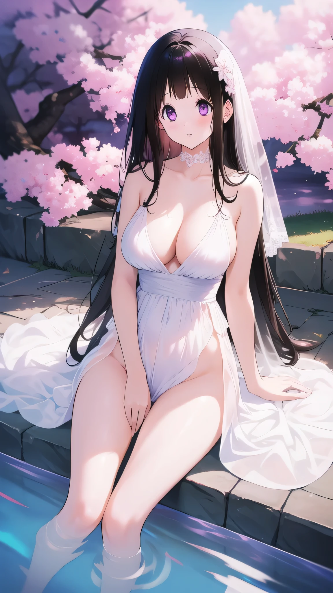 Amazing Chitanda, There is only one beautiful girl,Purple Eyes, Black Hair, Very red face,Very white skin,Glowing skin,Skin as delicate as porcelain,Naturally straight hair, Straight bangs,Extremely refined,Open lips,Long flowing hair,Beautiful Girl, Like a dream,Slim,Slim waist,Soft, (Sensual), (Kawaii), Dream quality,Beautiful big breasts,Areola,Completely naked,Wearing a transparent wedding dress,Deep V neckline,Loose neckline,Wide neckline,In the pool,Sitting on the shore,Bend your body,Light transmission,Under the cherry trees,no pants,pussy juice,Bare shoulders,Bare neck,Exposed collarbone,Exposing breasts,Exposing breasts side,Show your waist,Show your buttocks,Show your thighs,Exposing the groin,No pants,extremely shy,Ultra-high resolution, (masterpiece:1.2, best quality), (Delicate and beautiful eyes: 1.2), (Beautiful and delicate face)