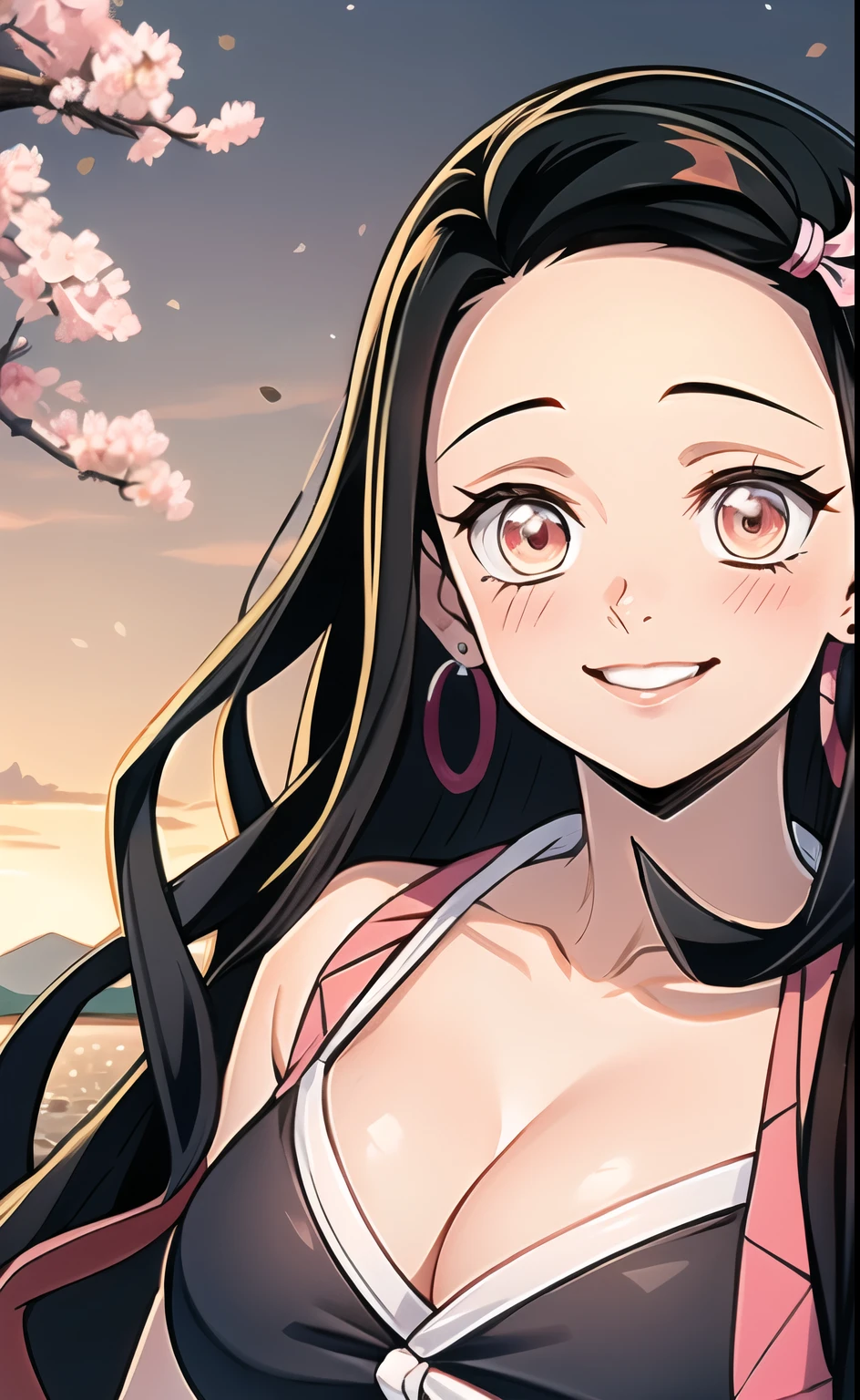 kamado nezuko, (masterpiece), best quality, expressive eyes, perfect face, Nezuko, Kimetsu, 1 Girl, ((Super Detail)), (Highest Quality: 1.0), (High Detail: 1.0), Bare Arms, Bare Shoulders, Brown Eyes, Cleavage, Collarbone, Earrings, Hoop Earrings , Horn, Demon, Nezuko, Long hair, Red Shimenawa, Sideboob, Sidelock, Sleeveless, Sleeveless Kimono, Kimetsu, Nezuko, (Highest quality: 1.0), (High detail: 1.0), Nezuko (Kimetsu), Sideboob , red and black mixed hair, hair ornaments, looking at the viewer, blushing, happy, beautiful smile, standing seductively, beautiful scenery, cherry tree, clear sky,