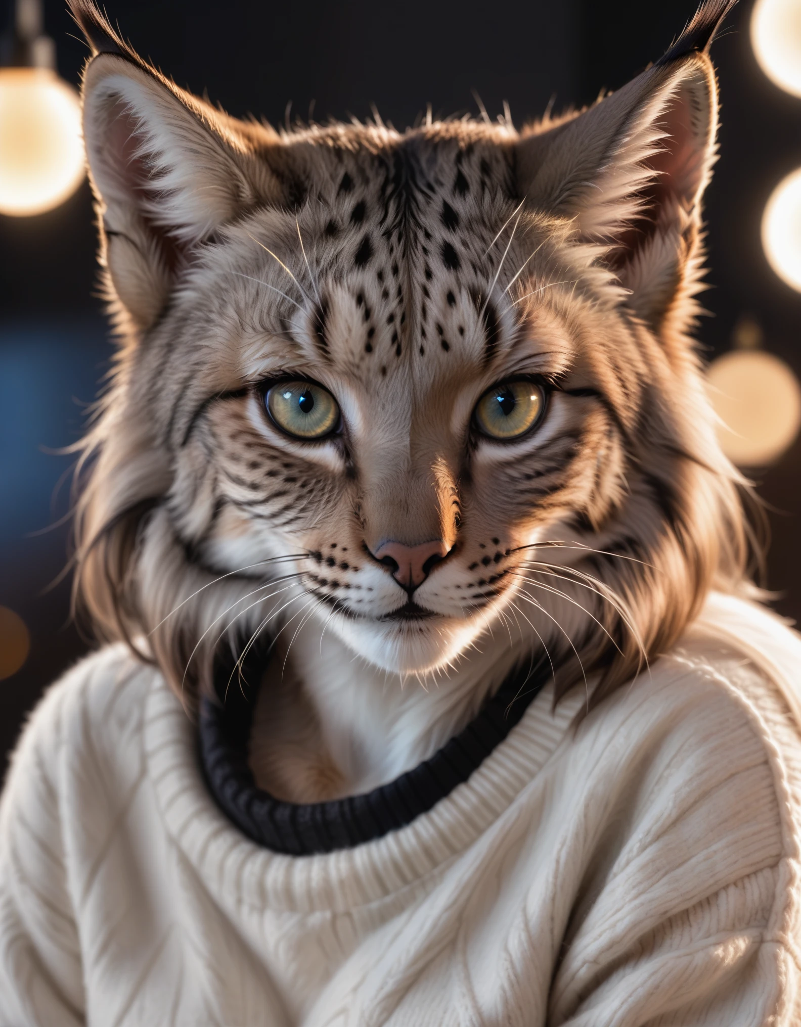 Closeup photo,  anthro furry lynx female ,wearing a wool sweater, high quality photography, 3 point lighting, flash with softbox, 4k, Canon EOS R3, hdr, smooth, sharp focus, high resolution, award winning photo, 80mm, f2.8, bokeh