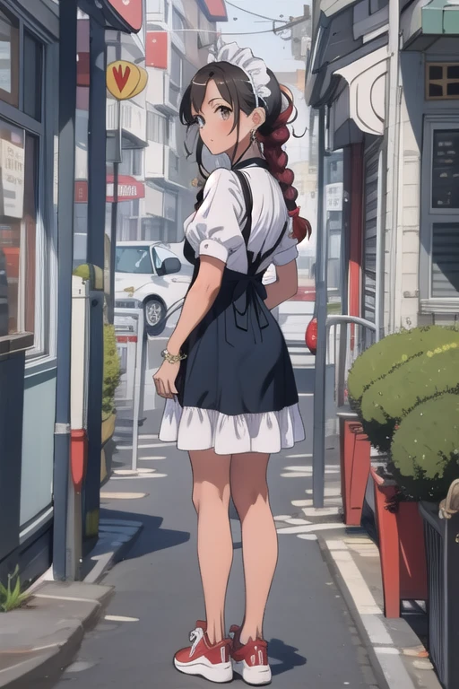 full body,nsfw,20’s,twin braid,maid outfit,showy red sneakers,earrings,piercing,cafe,sex,back,spoken heart,