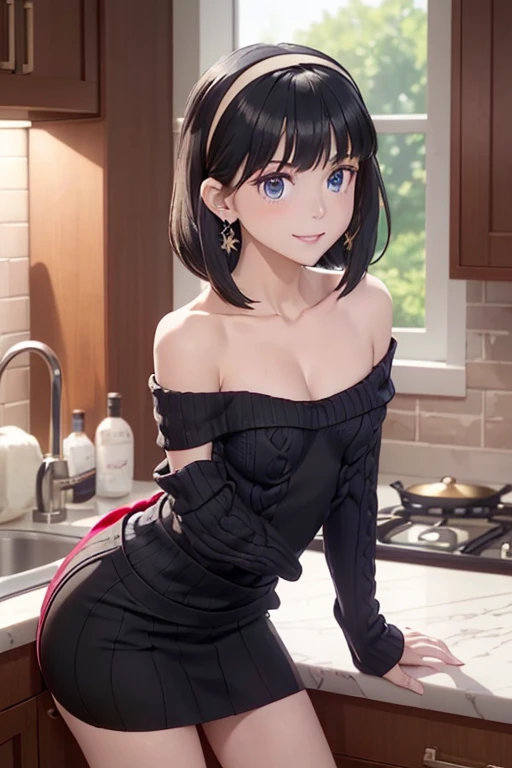 (dynamic angle:1.3, front view:1.1, breast focus:1.3, from below:1.2), (dynamic posing:1.5, sexy posing:1.3, leaning forward), (seductive smiling:1.3),masterpiece, 1girl, (pointed chest:1.3), cleavage:1.1,(double breasted:1.4,under bust:1.4), Amazing Cleavage:1.5, thin waist, cute ass, Raised sexy, (small breast: 1.6) posed cleavage:1.4、solo, looking at viewer, open mouth, have a grass of beergrass,black hair, blue eyes, bare shoulders, jewelry, collarbone, sidelocks, hairband, earrings, indoors, (red off shoulder sweater dress:1.3,skirts:1.6), arms behind back, short hair with long locks, blue white hairband, big side hair, very long side hair is rendered in (masterpiece: 1.2, best quality), with (ultra high resolution) and an exquisite (depth of field). This masterpiece is not only visually stunning but also tells, a scene of cooking in the kitchen